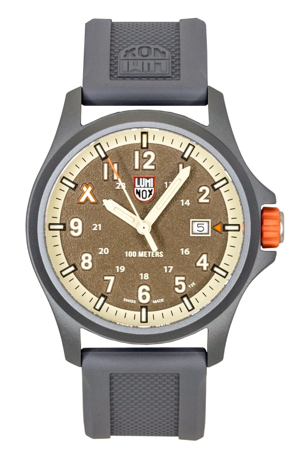 Luminox Bear Grylls Survival Land Rubber Strap Brown Dial. A brand-new Luminox Land watch featuring a Rubber strap. Front view.