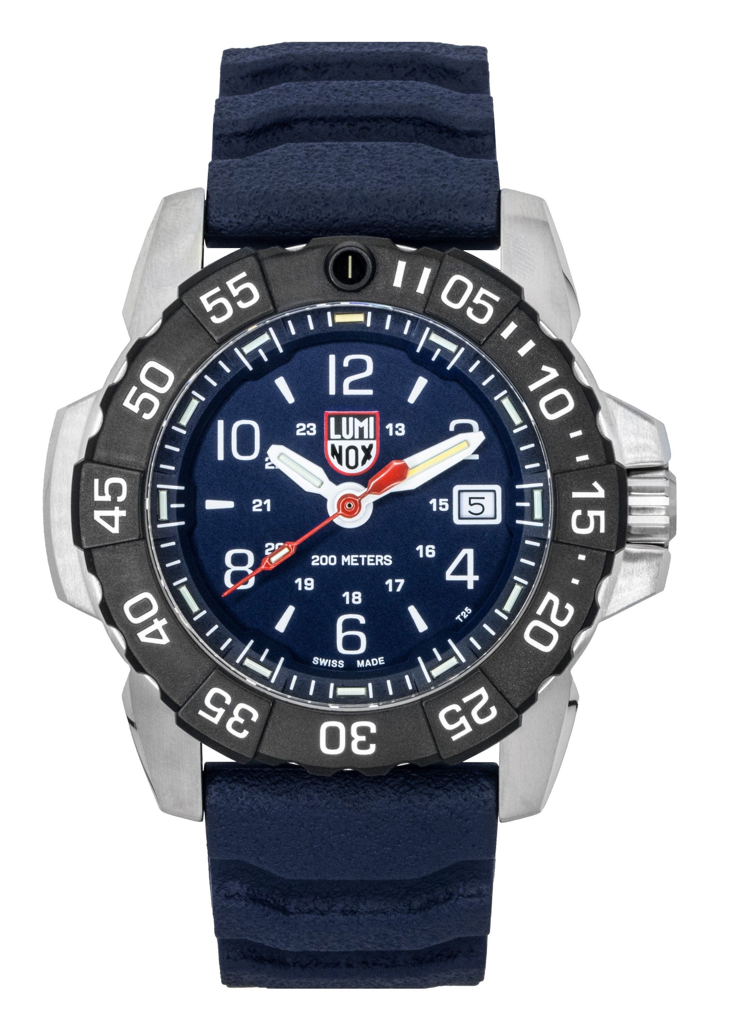 Luminox Navy Seal Rubber Strap Blue Dial Quartz Diver's 200M. A brand-new Luminox watch featuring a Blue dial and a Rubber strap. Side view.