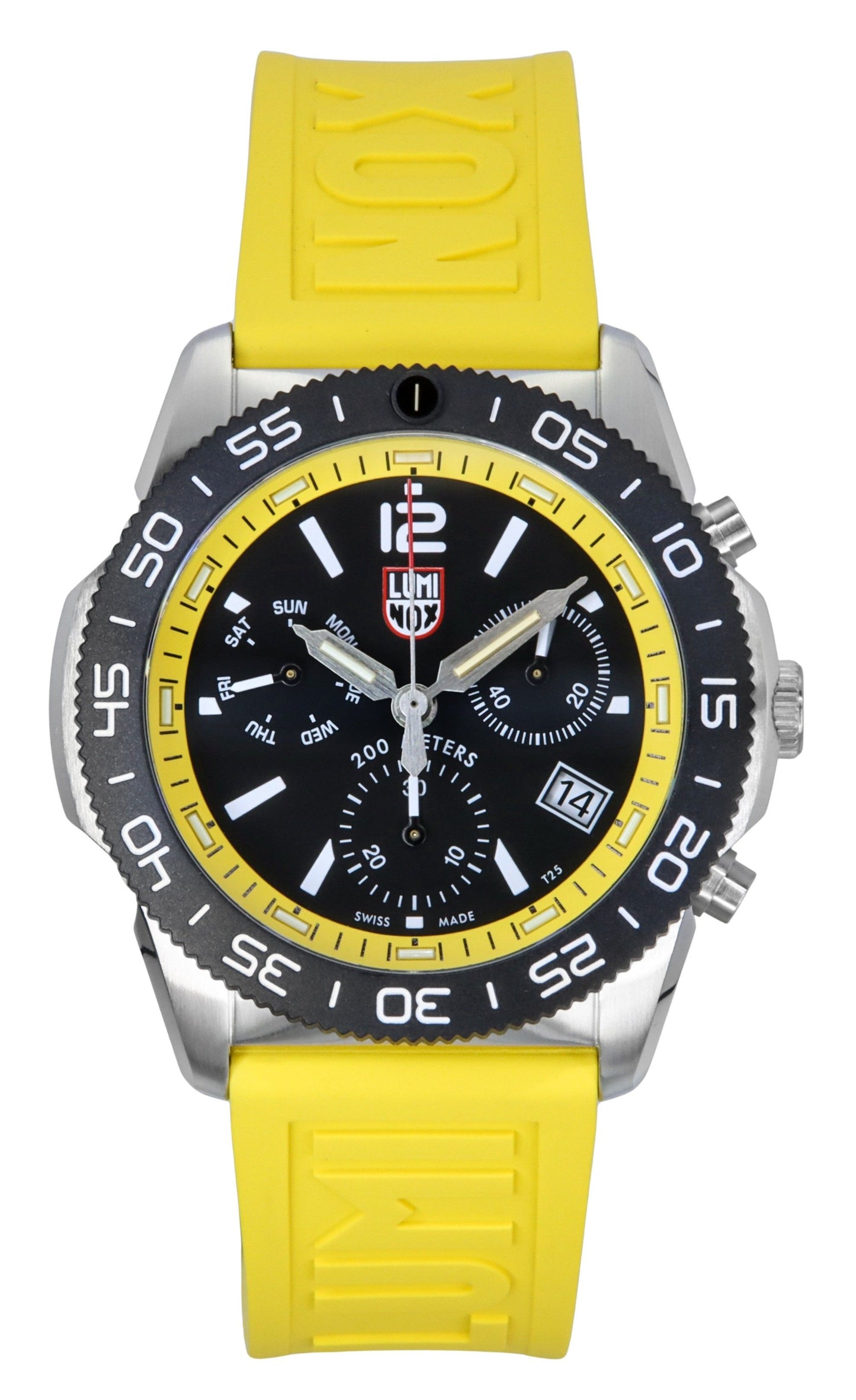 Luminox Pacific Diver Chronograph Rubber Strap Black Dial. A brand-new Luminox watch featuring a Black dial and a Rubber strap. Side view.