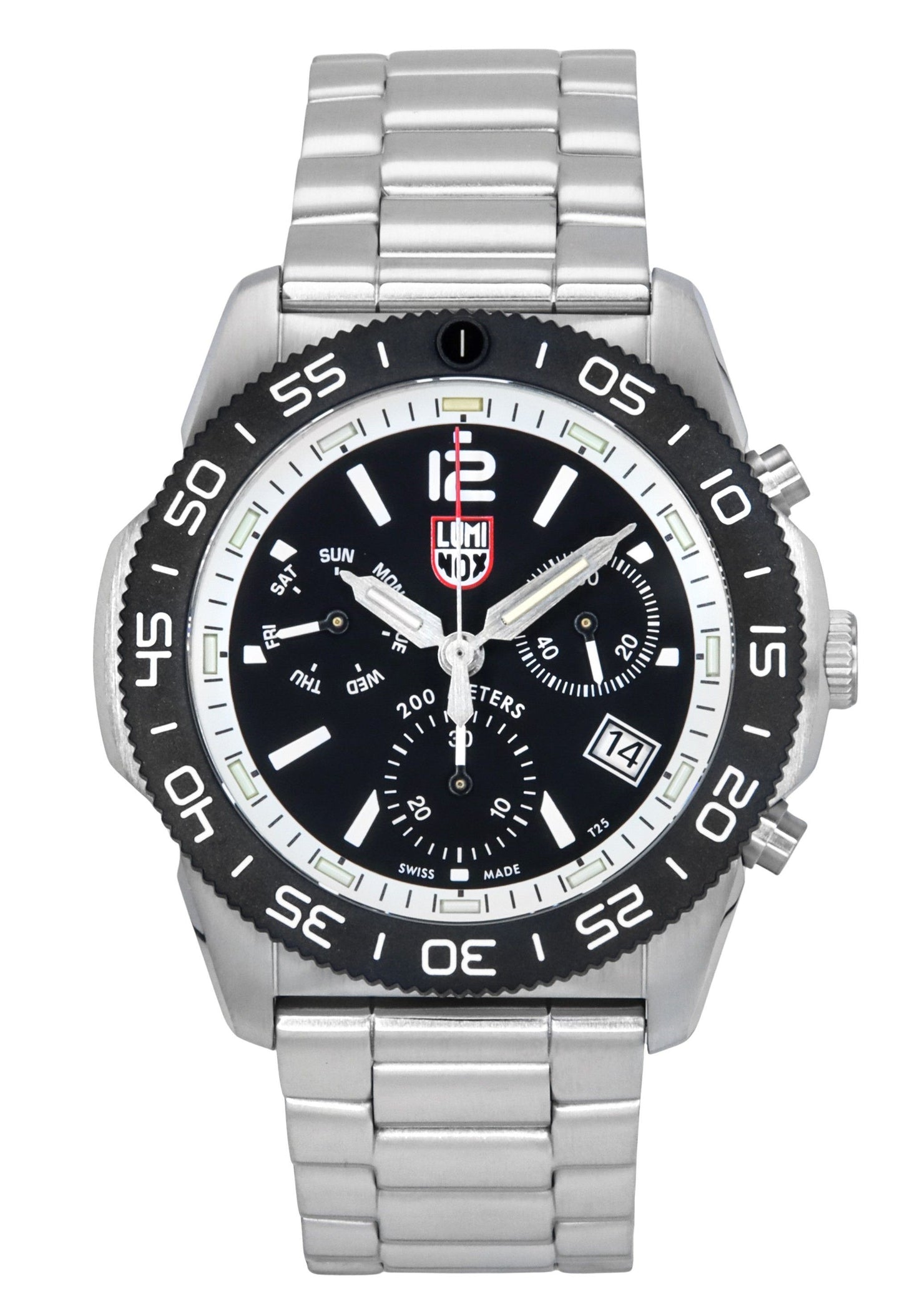Luminox Pacific Diver Chronograph Stainless Steel Black. A brand-new Luminox watch featuring a Black dial and a Stainless steel strap. Angled view.