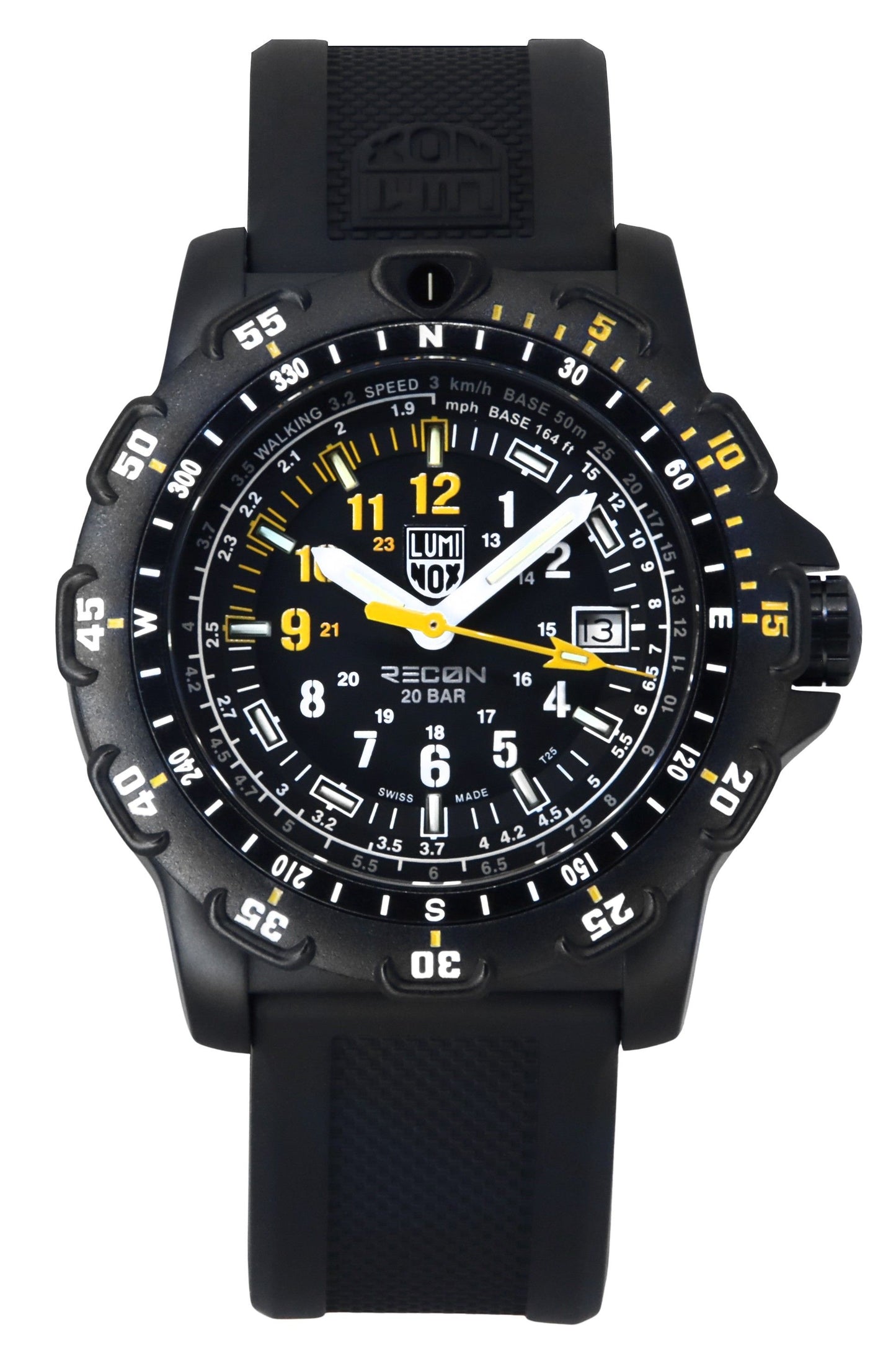 Luminox RECON Point Man Heritage Rubber And Nylon Strap. A brand-new Luminox watch featuring a Black dial and a Nylon strap. Side view.