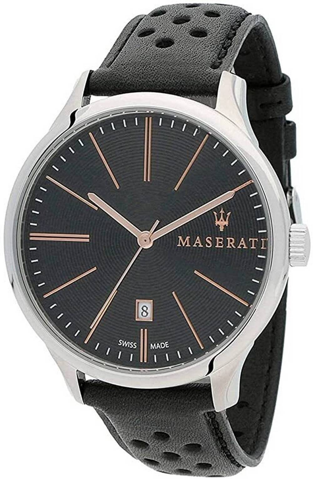Maserati Attrazione Black Dial Quartz R8851126003 100M. A brand-new Maserati Attrazione watch featuring a Black dial and a Leather strap. Angled view.