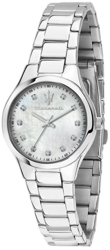 Maserati Attrazione Crystal Accents Stainless Steel Mother. A brand-new Maserati Attrazione watch featuring a Mother Of Pearl dial and a Stainless steel strap. Front view.