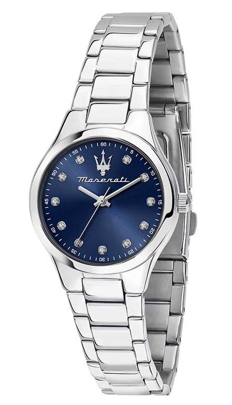 Maserati Attrazione Stainless Steel Blue Sunray Dial Quartz. A brand-new Maserati Attrazione watch featuring a Blue Sunray dial and a Stainless steel strap. Side view.