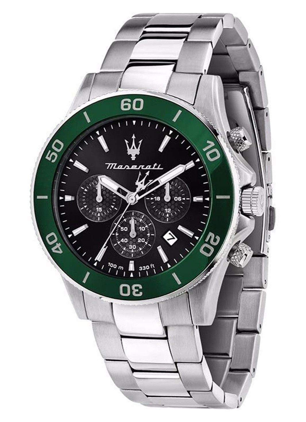 Maserati Competizione Chronograph Stainless Steel Black. A brand-new Maserati Competizione watch featuring a Stainless steel strap. Side view.