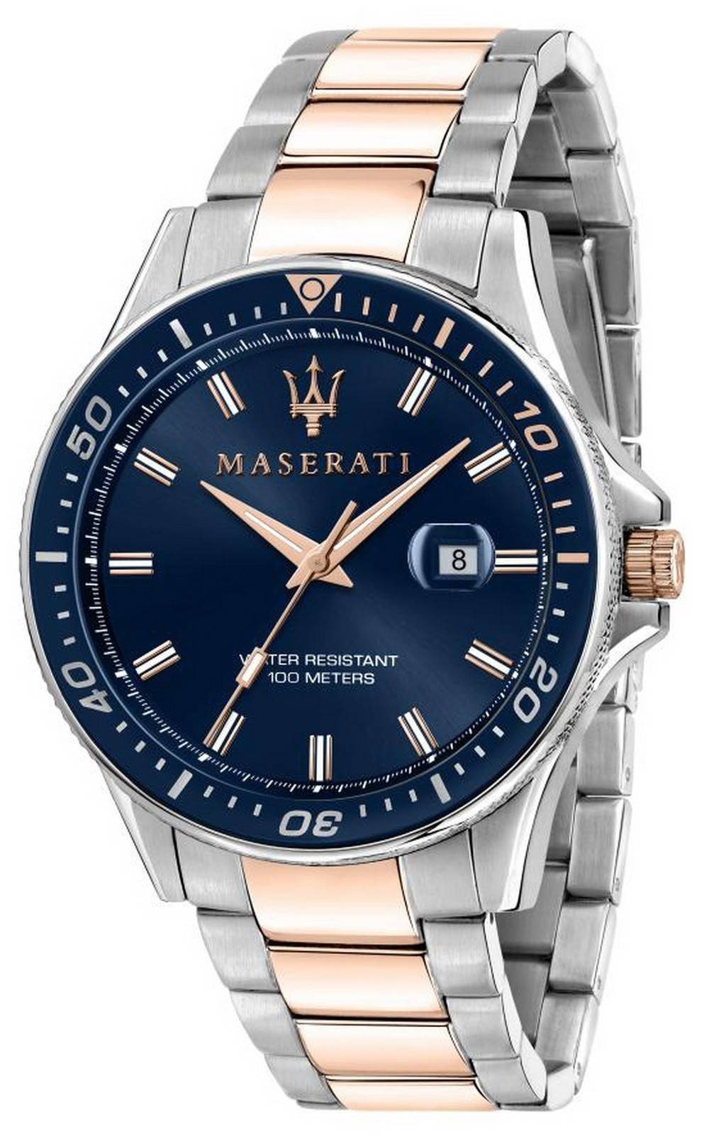 Maserati Sfida Blue Dial Two Tone Stainless Steel Quartz. A brand-new Maserati Sfida watch featuring a Blue dial and a Stainless steel strap. Side view.