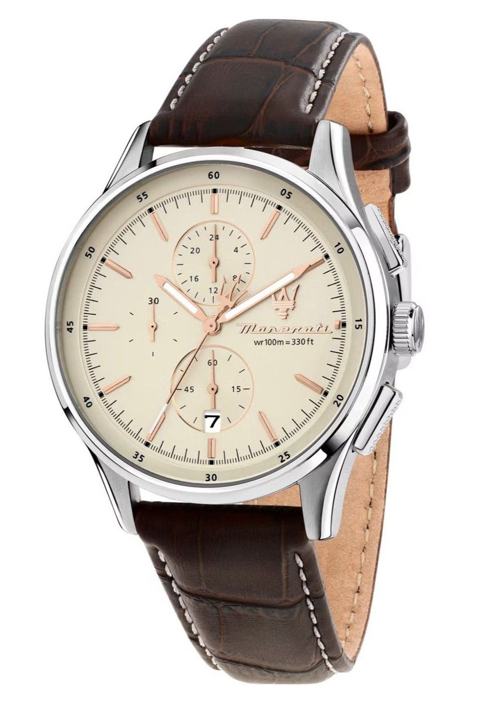 Maserati Sorpasso Chronograph Leather Strap Beige Dial. A brand-new Maserati Sorpasso watch featuring a Beige dial and a Leather strap. Side view.
