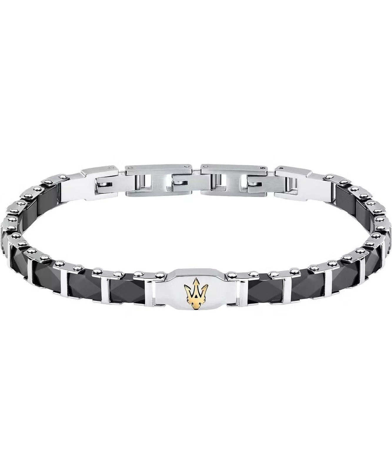 Maserati Steel And Ceramic Bracelet JM424ATZ44 For Men. A brand-new Maserati Accessories watch featuring a Stainless steel strap. Angled view.