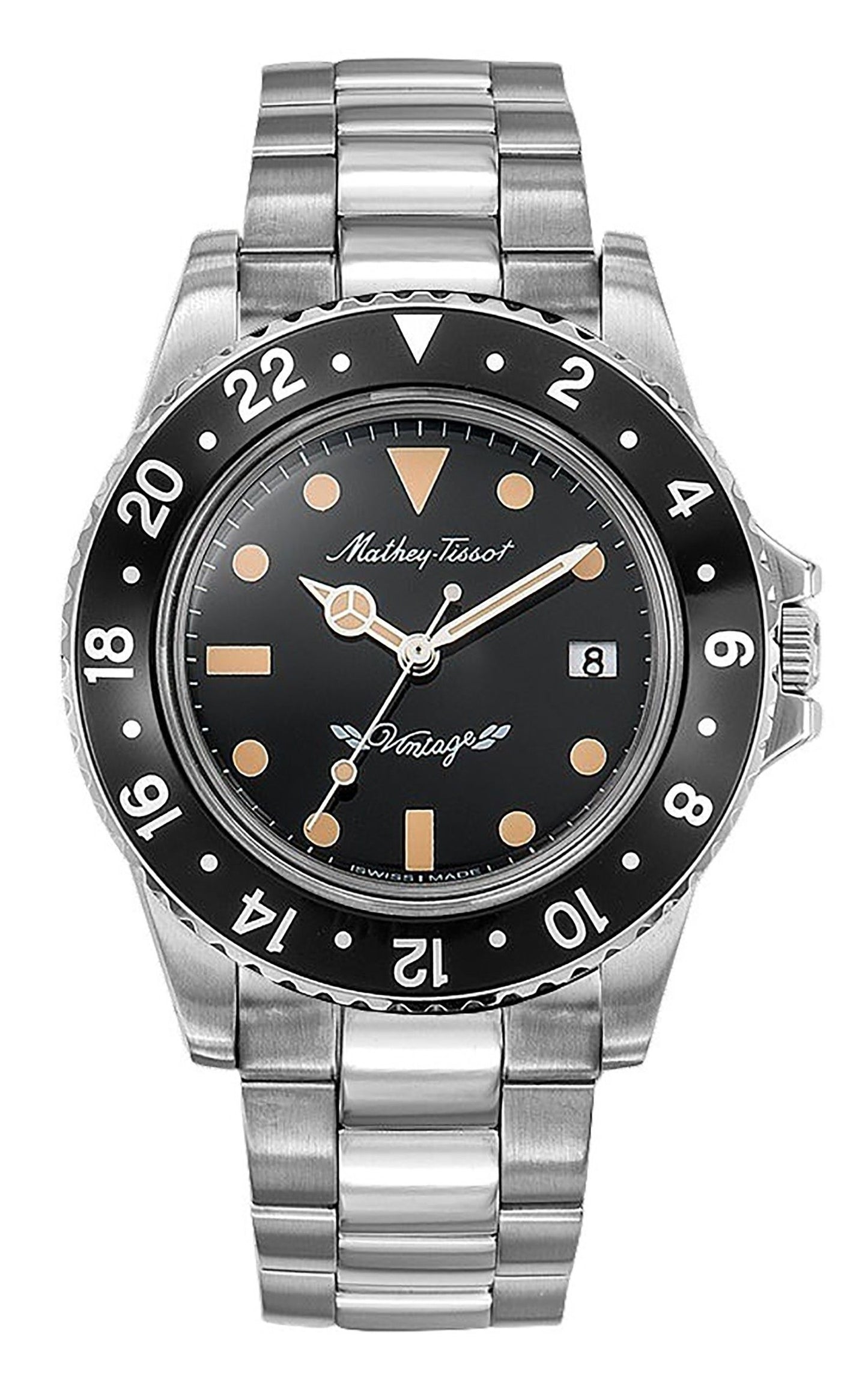 Mathey-Tissot Mathy Vintage Stainless Steel Black Dial. A brand-new Mathey-Tissot Mathy watch featuring a Black dial and a Stainless steel strap. Side view.