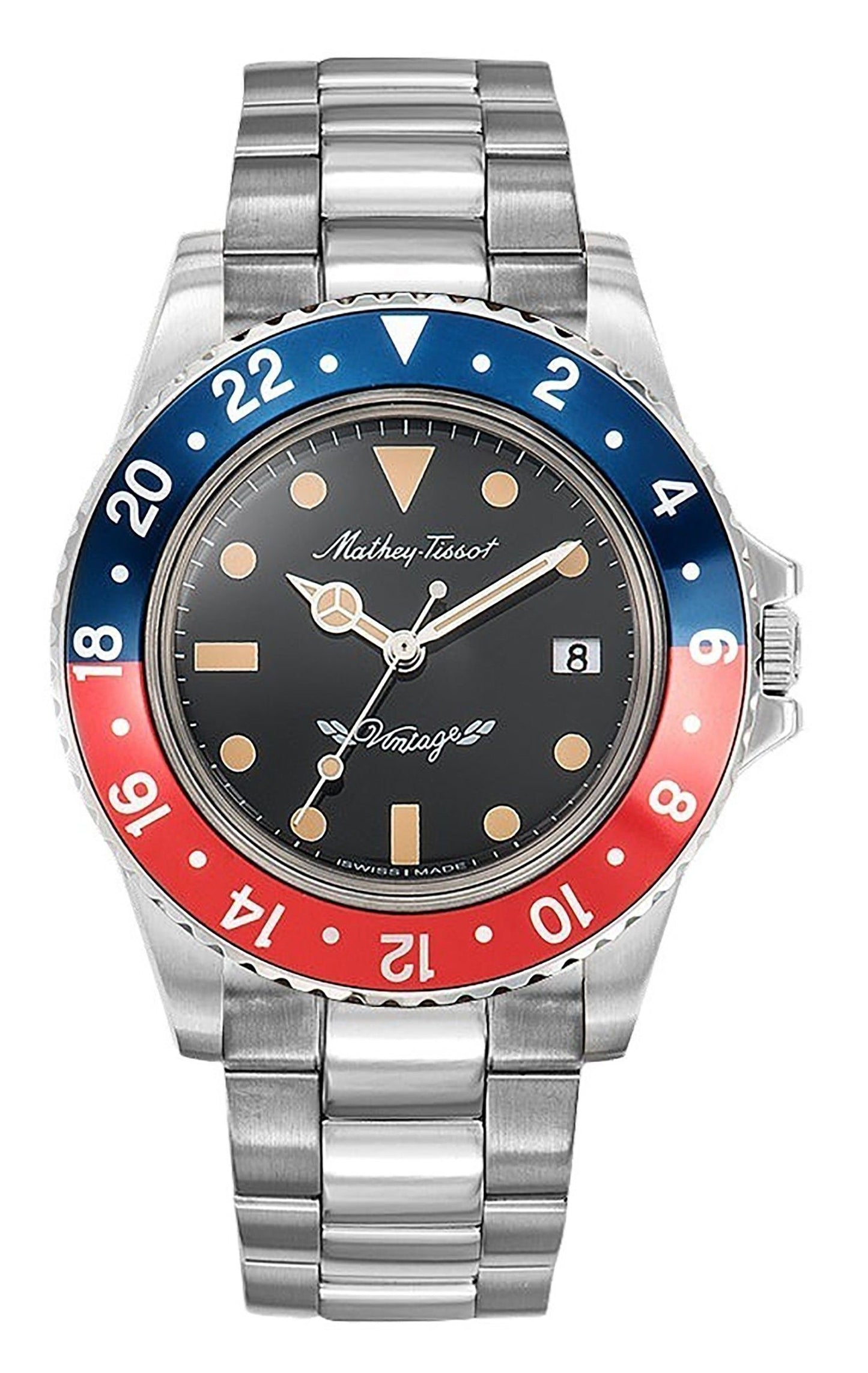 Mathey-Tissot Mathy Vintage Stainless Steel Black Dial. A brand-new Mathey-Tissot Mathy watch featuring a Black dial and a Stainless steel strap. Side view.