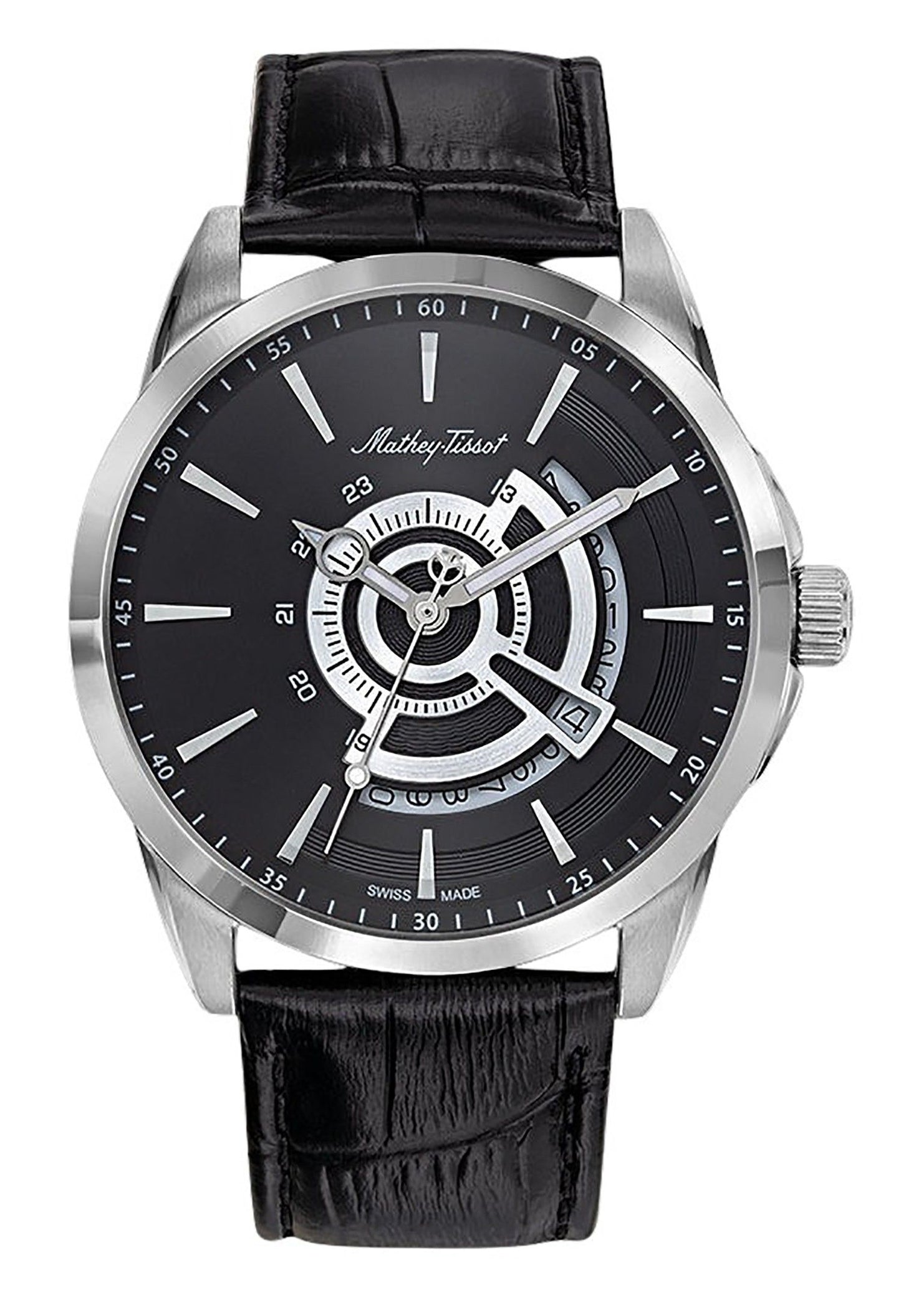 Mathey-Tissot Mondo Leather Strap Black Dial Quartz H711AN. A brand-new Mathey-Tissot Mondo watch featuring a Black dial and a Leather strap. Side view.