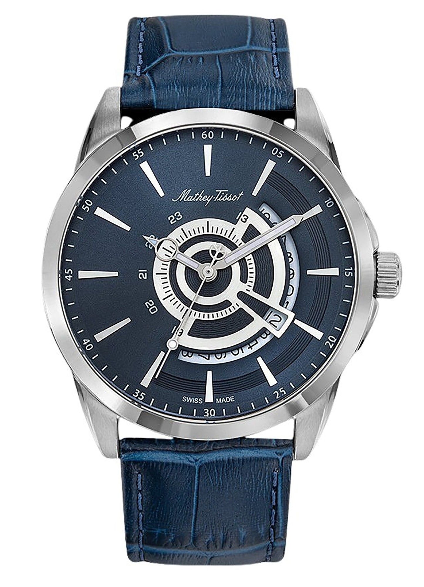 Mathey-Tissot Mondo Leather Strap Blue Dial Quartz H711ABU. A brand-new Mathey-Tissot Mondo watch featuring a Blue dial and a Leather strap. Front view.