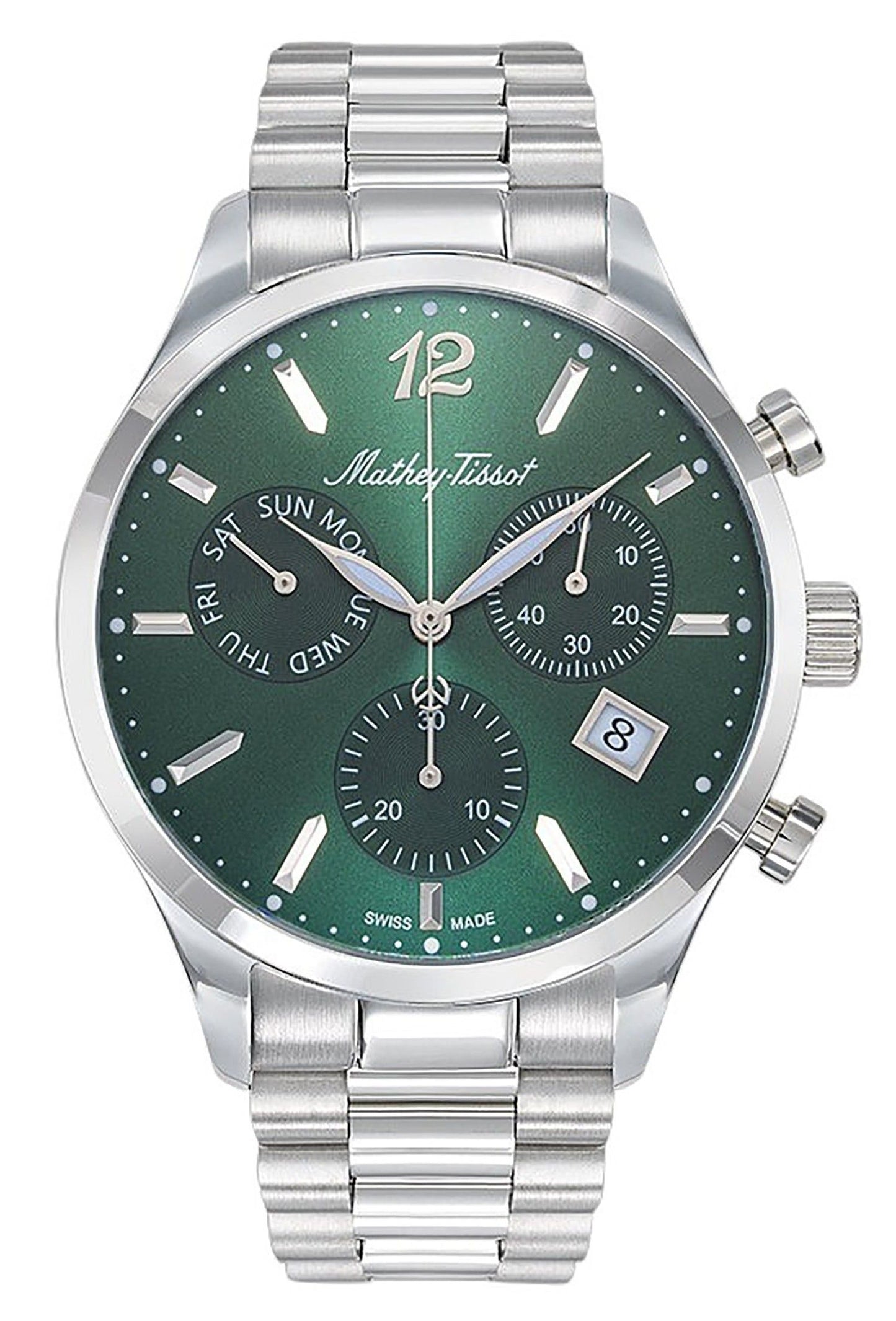 Mathey-Tissot Urban Chrono Stainless Steel Green Dial. A brand-new Mathey-Tissot Urban watch featuring a Green dial and a Stainless steel strap. Side view.