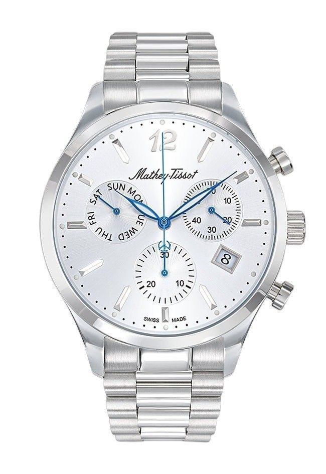 Mathey-Tissot Urban Chrono Stainless Steel Silver Dial. A brand-new Mathey-Tissot Urban watch featuring a Silver dial and a Stainless steel strap. Front view.