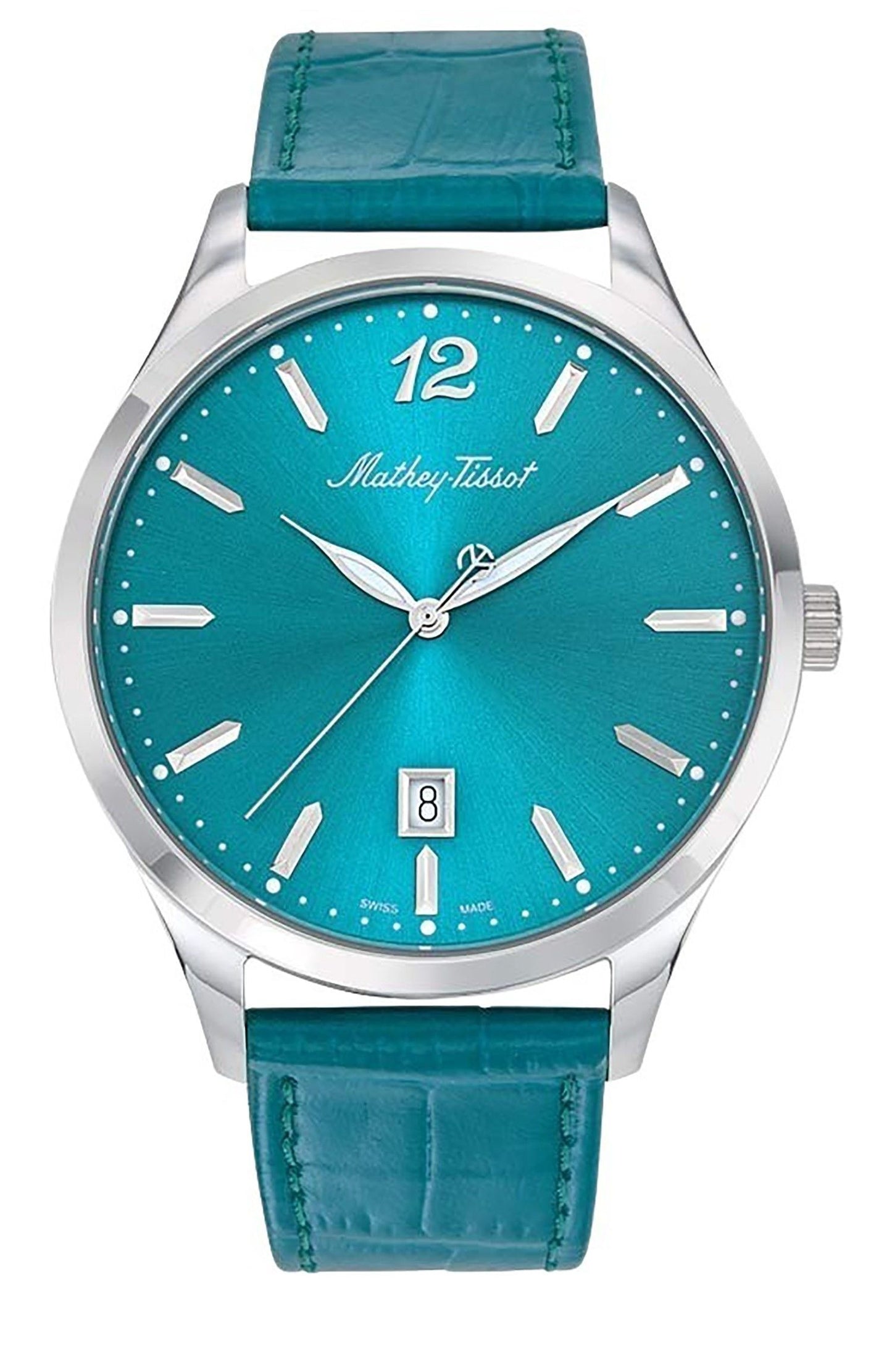 Mathey-Tissot Urban Leather Strap Green Dial Quartz H411PET. A brand-new Mathey-Tissot Urban watch featuring a Green dial and a Leather strap. Angled view.