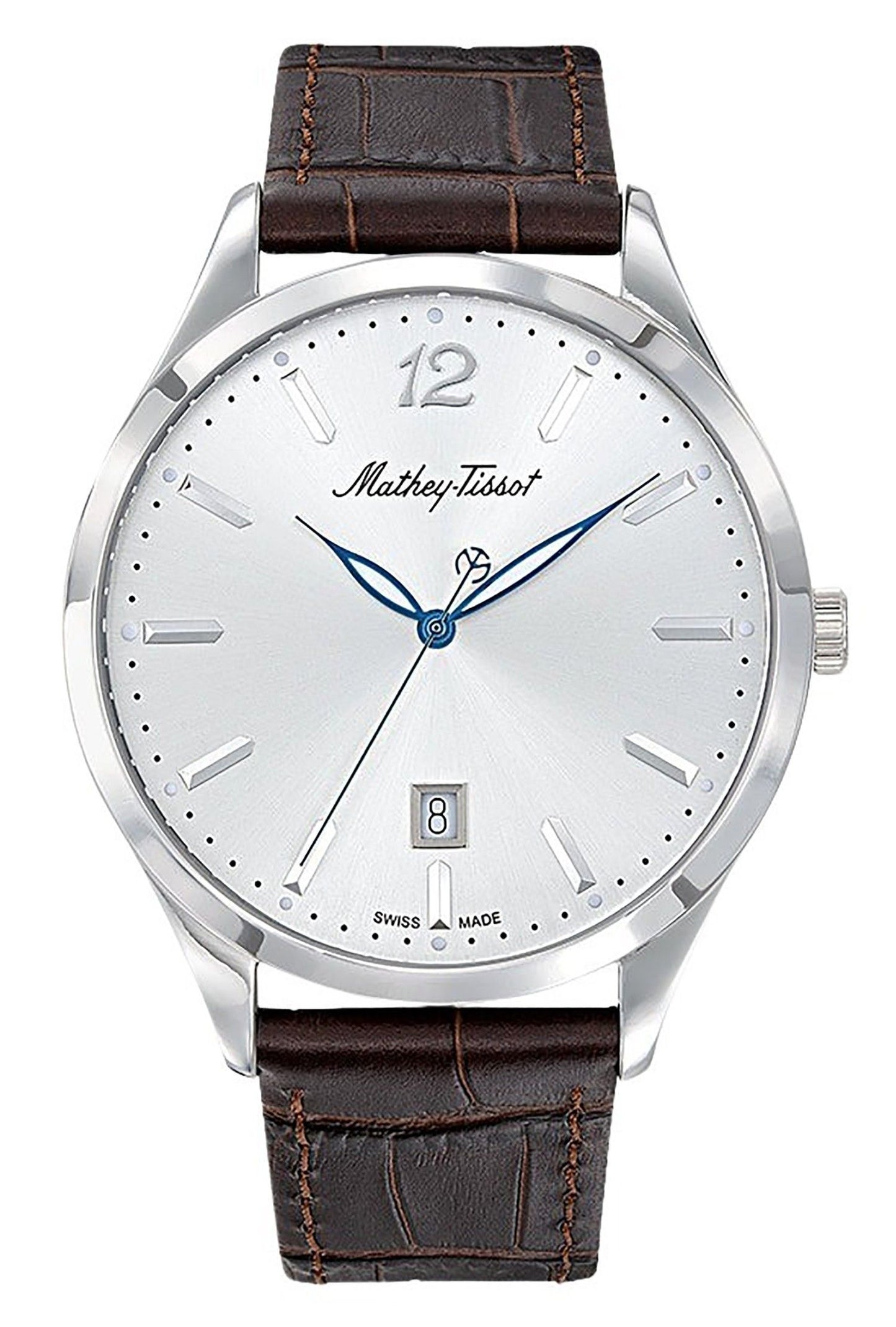 Mathey-Tissot Urban Leather Strap Silver Dial Quartz H411AS. A brand-new Mathey-Tissot Urban watch featuring a Silver dial and a Leather strap. Side view.