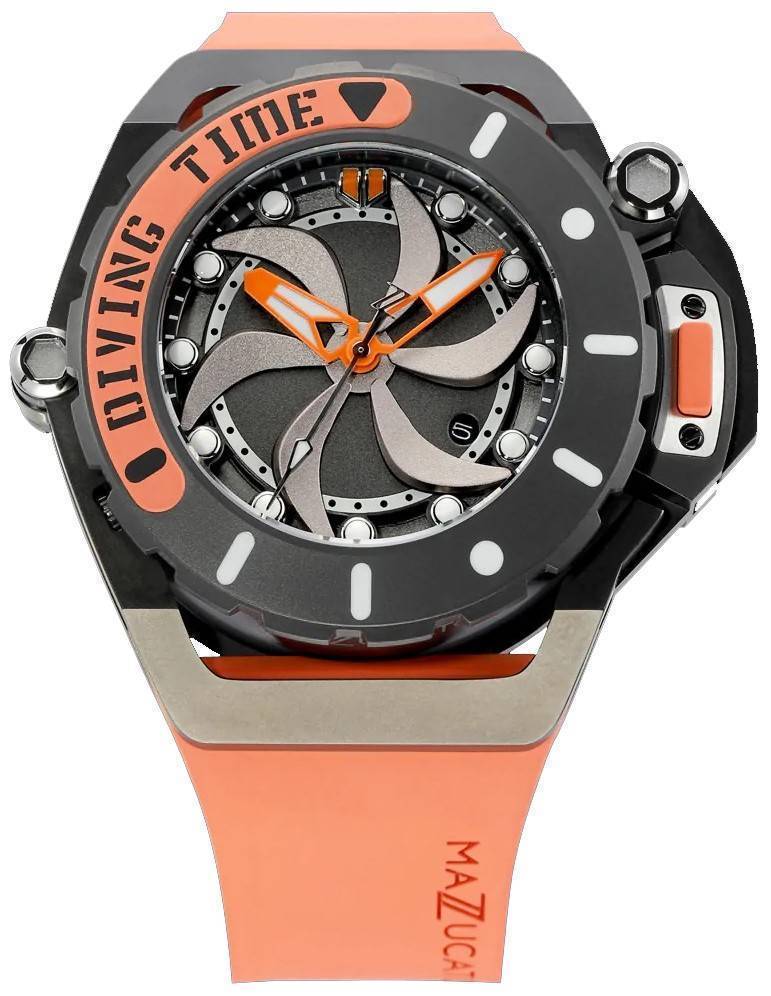 Mazzucato RIM Scuba Orange Reversible Twin Dial Automatic. A brand-new Mazzucato RIM watch featuring a Stainless steel strap. Side view.