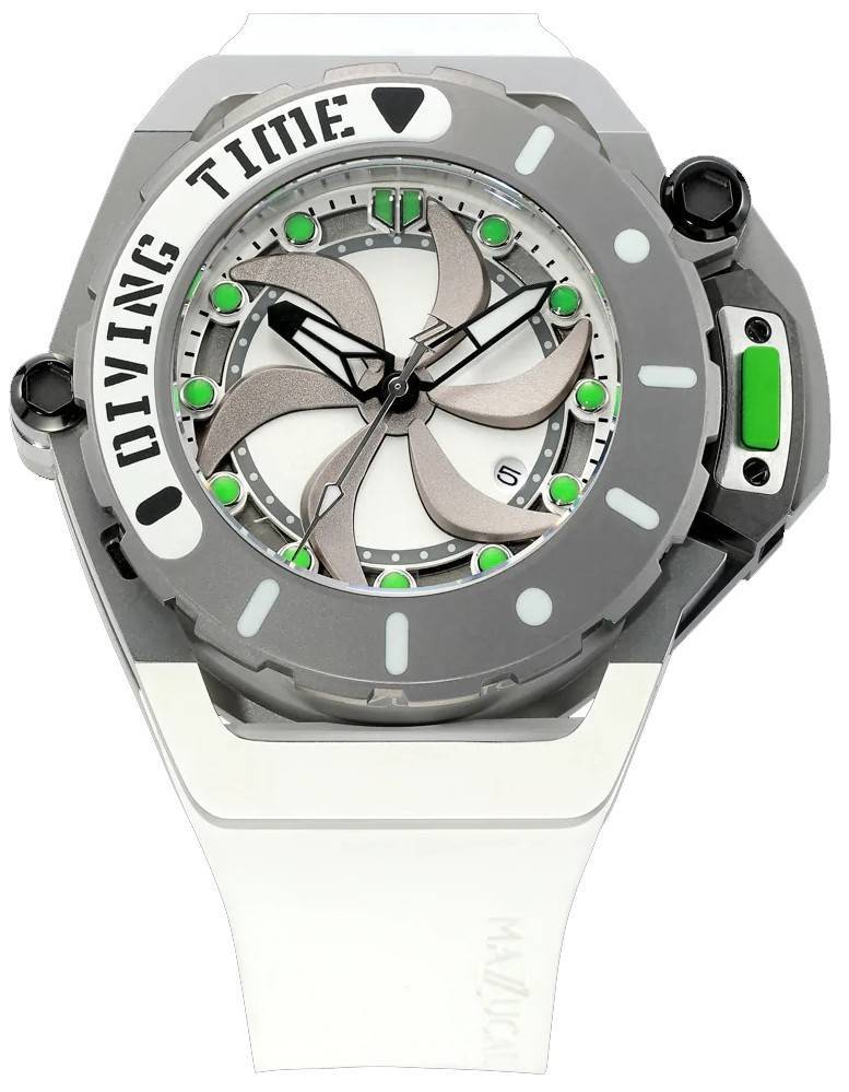 Mazzucato RIM Scuba White Green Reversible Twin Dial. A brand-new Mazzucato RIM watch featuring a Stainless steel strap. Front view.