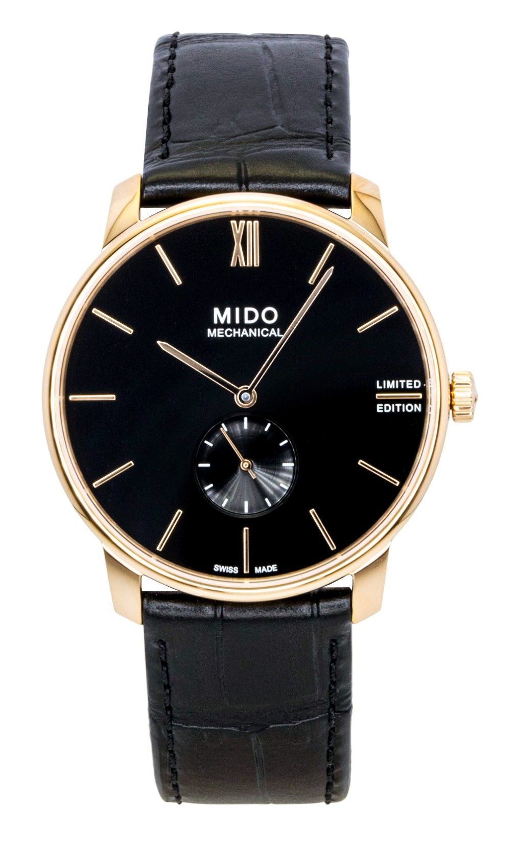 Mido Baroncelli Limited Edition Leather Black Dial Automatic. A brand-new Mido Baroncelli watch featuring a Black dial and a Leather strap. Angled view.
