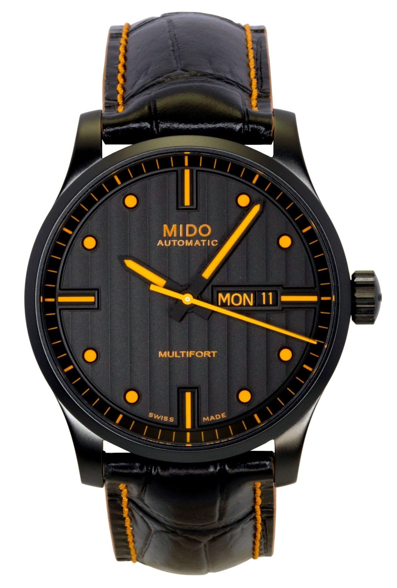 Mido Multifort Special Edition Leather Strap Black Dial. A brand-new Mido Multifort watch featuring a Black dial and a Leather strap. Angled view.