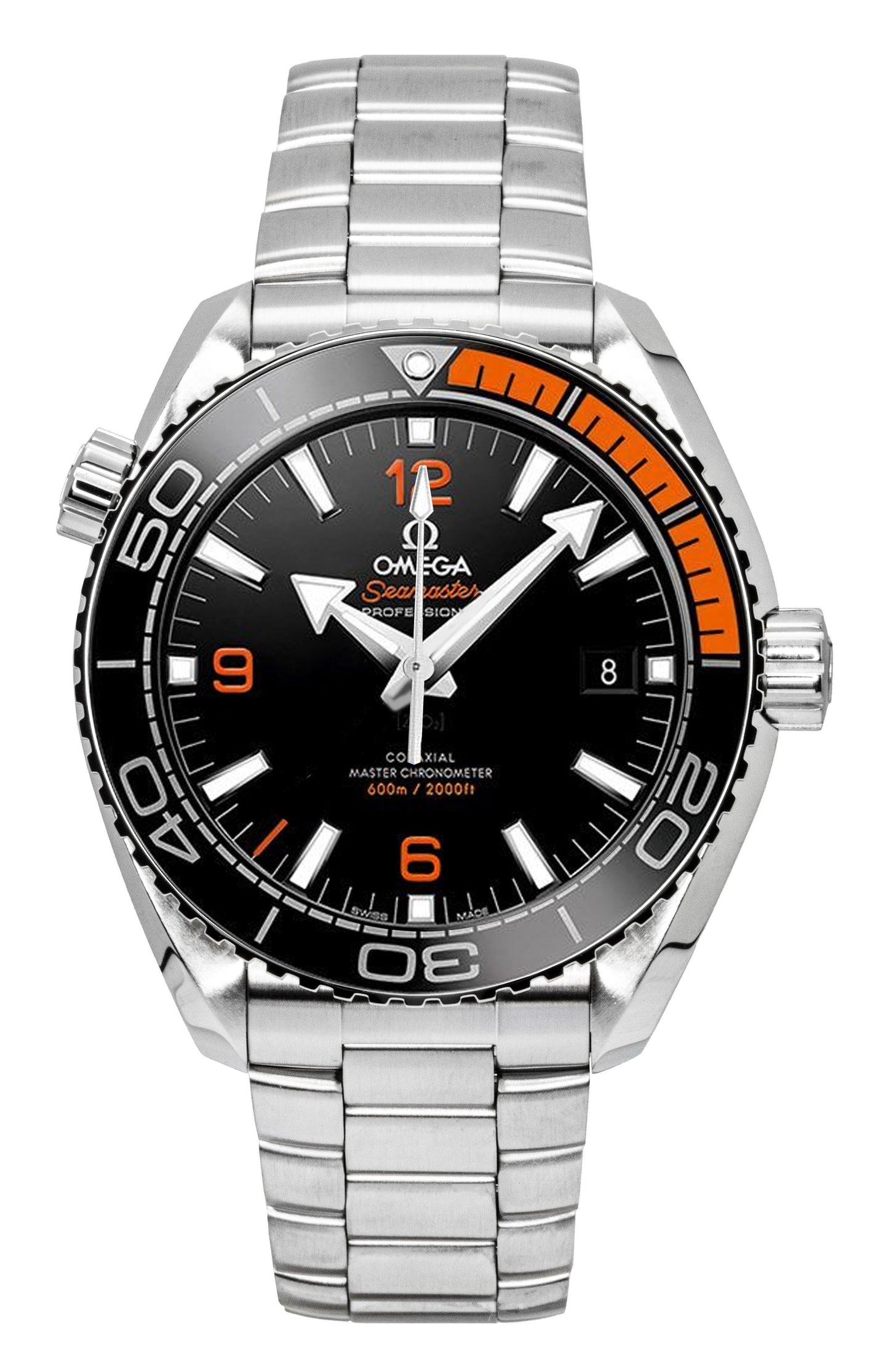Omega Seamaster Planet Ocean Stainless Steel Black Dial. A brand-new Omega Seamaster watch featuring a Black dial and a Stainless steel strap. Angled view.