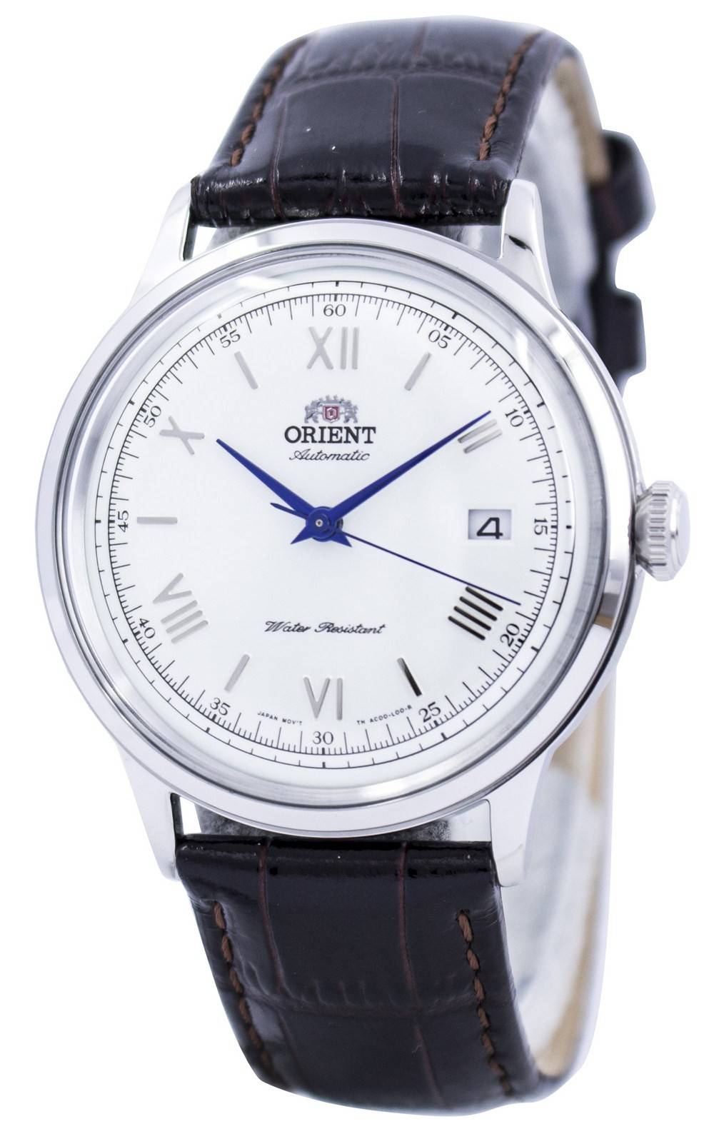Orient 2nd Generation Bambino Classic Automatic TAC00009W0. A brand-new Orient Bambino watch featuring a Leather strap. Side view.
