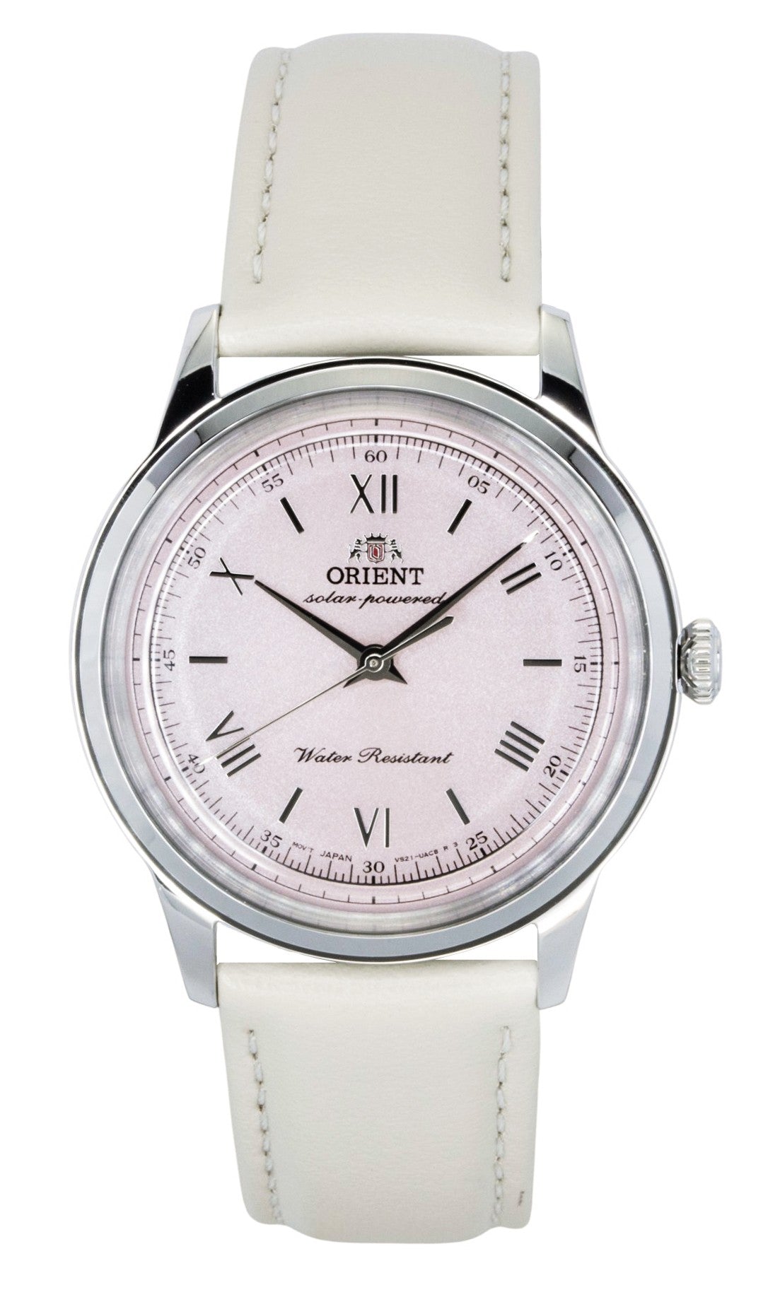 Orient Bambino Leather Strap Pink Dial Solar Water Resistant. A brand-new Orient Bambino watch featuring a Pink dial and a Leather strap. Front view.