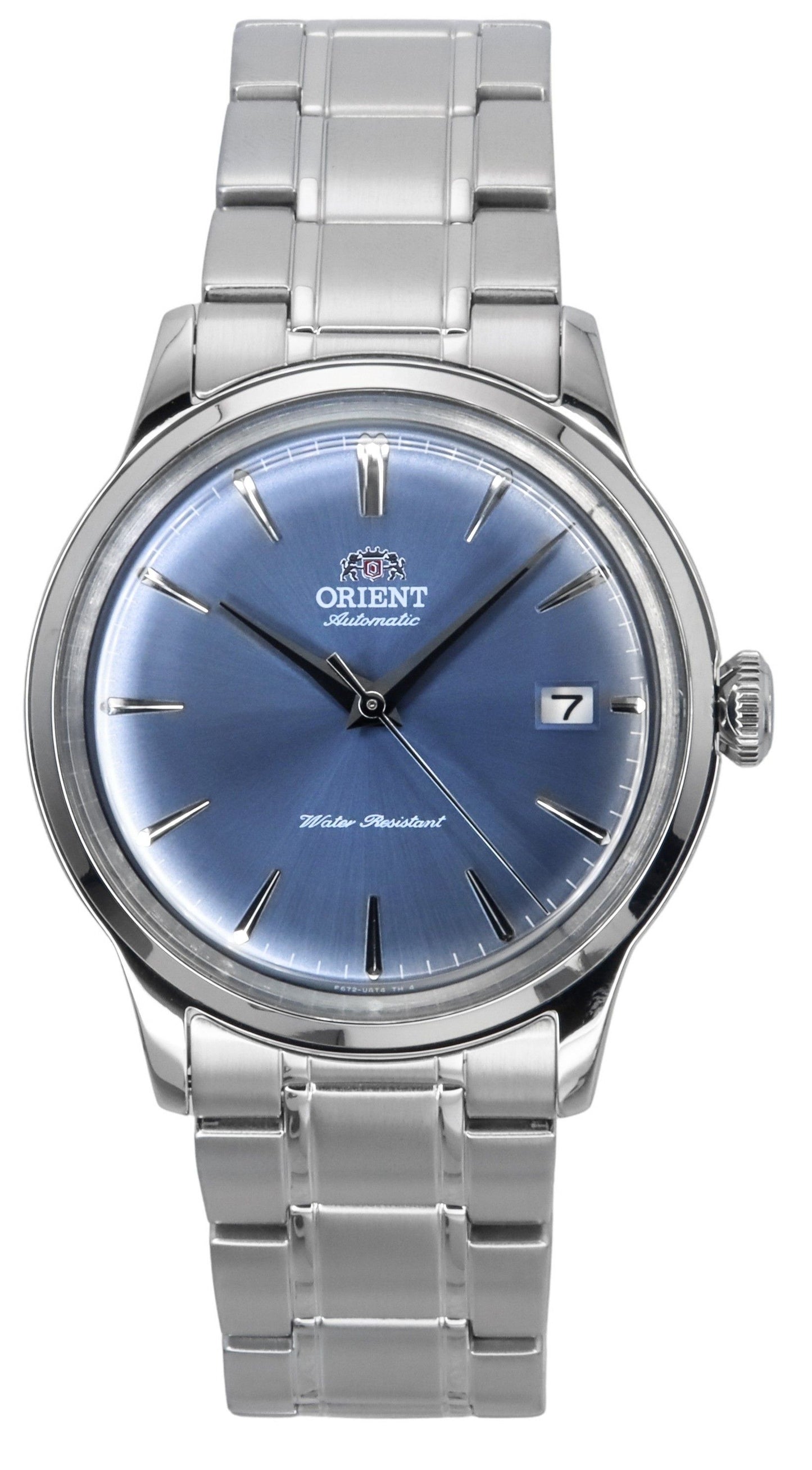 Orient Bambino Stainless Steel Light Blue Dial Automatic. A brand-new Orient Bambino watch featuring a Blue dial and a Stainless steel strap. Angled view.