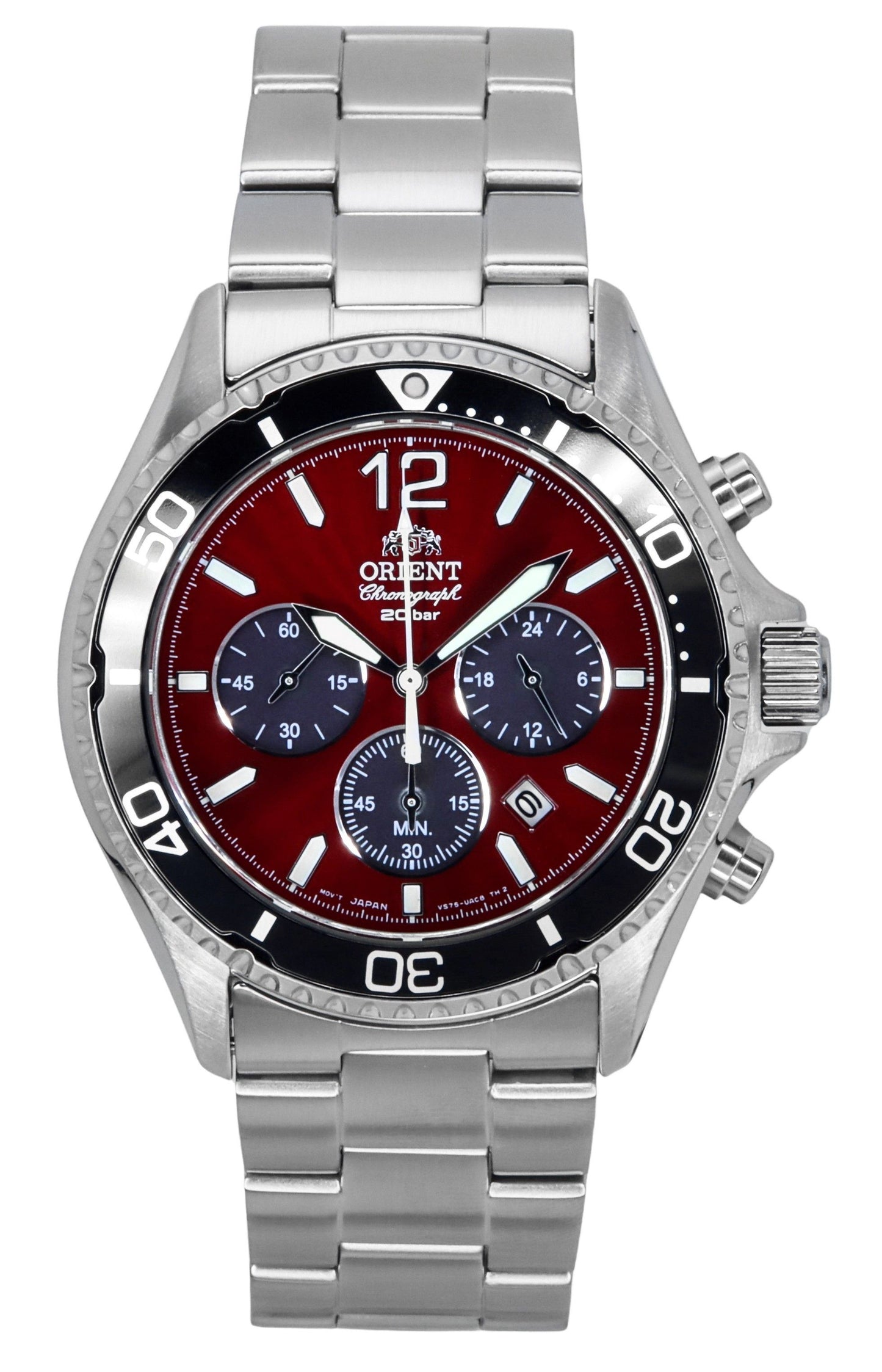 Orient Sports Chronograph Stainless Steel Sky Red Dial. A brand-new Orient Sports watch featuring a Red dial and a Stainless steel strap. Front view.