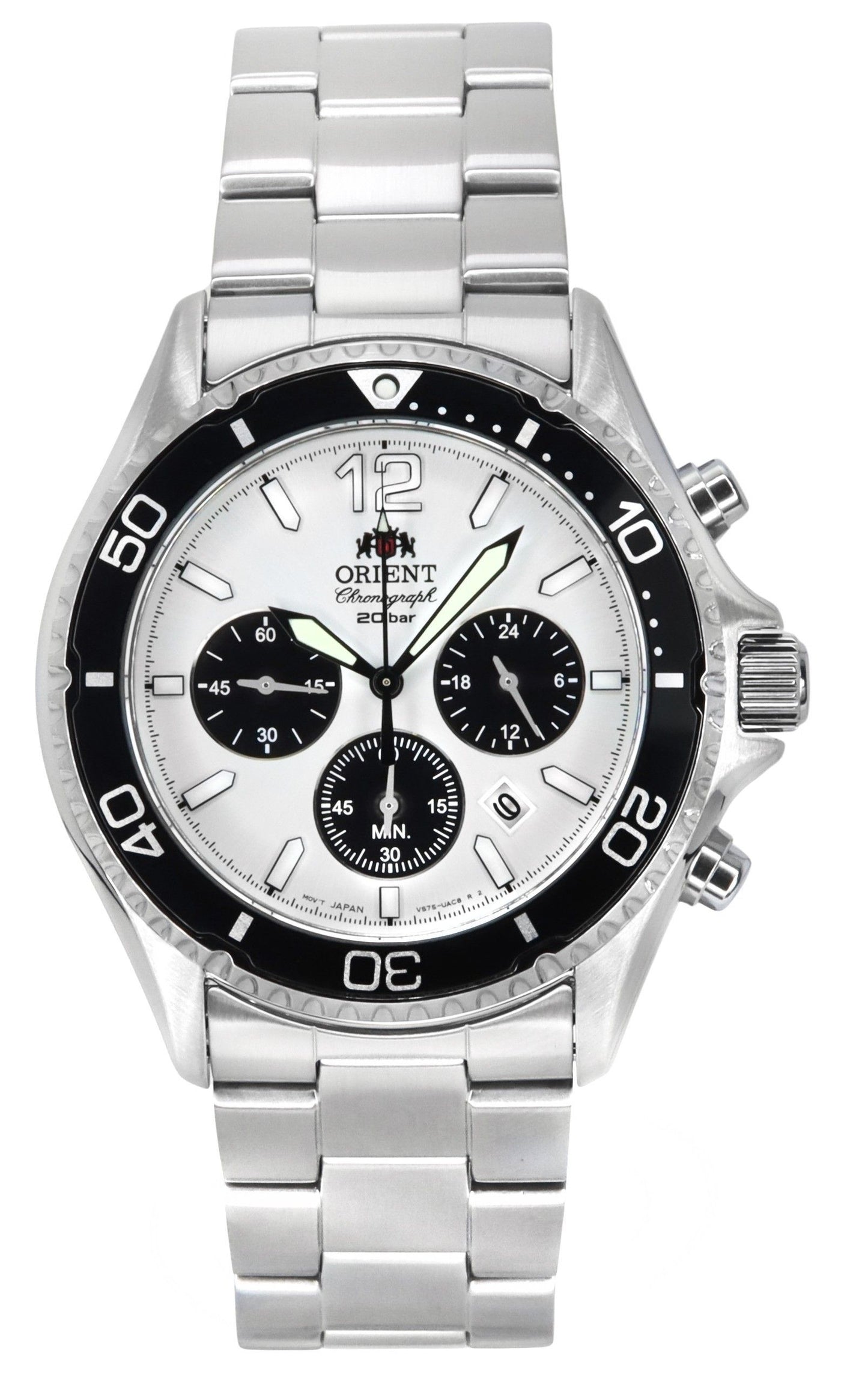 Orient Sports Panda Chronograph Stainless Steel White Dial. A brand-new Orient Sports watch featuring a White dial and a Stainless steel strap. Side view.