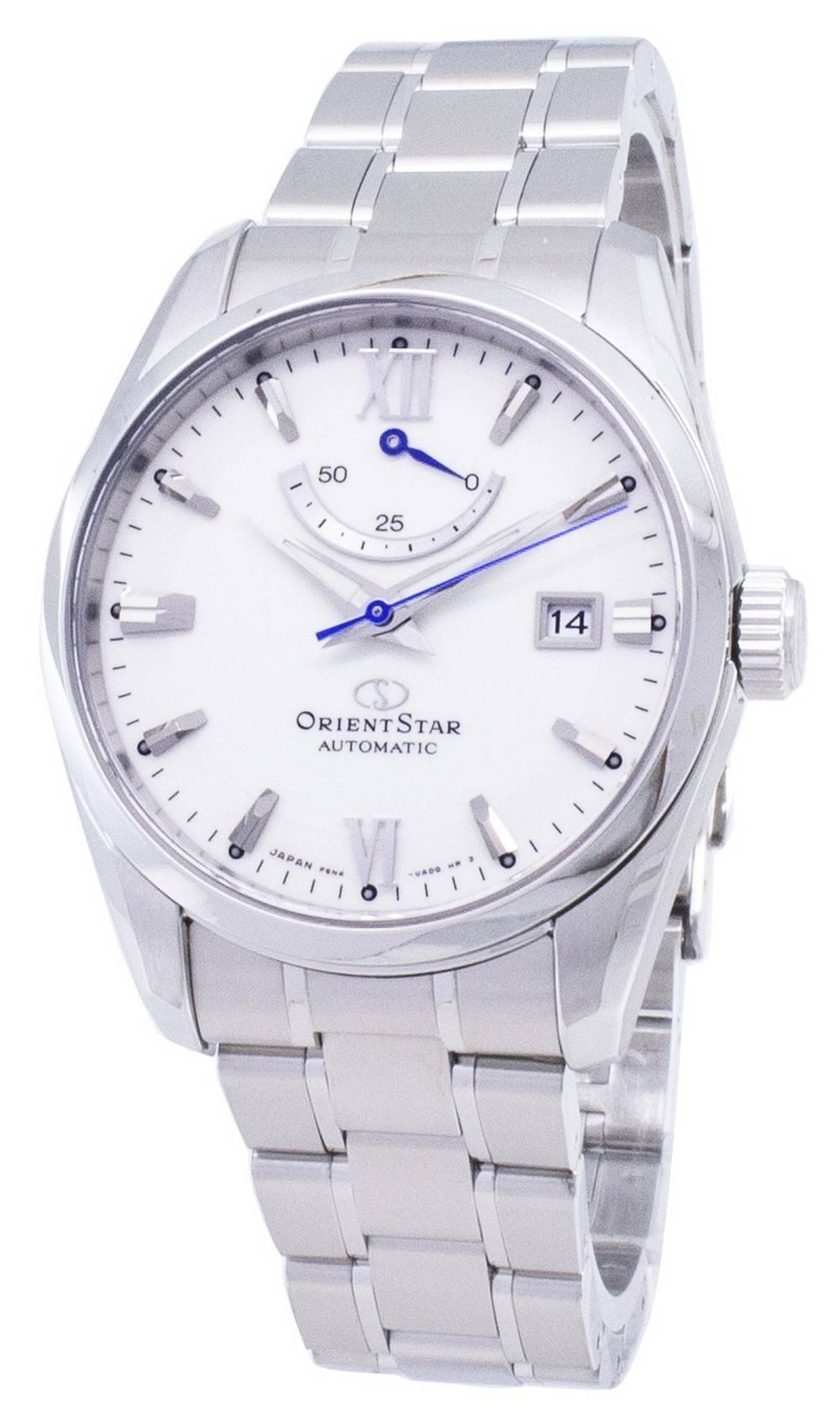 Orient Star Automatic Power Reserve Japan Made. A brand-new Orient Star watch featuring a Stainless steel strap. Side view.