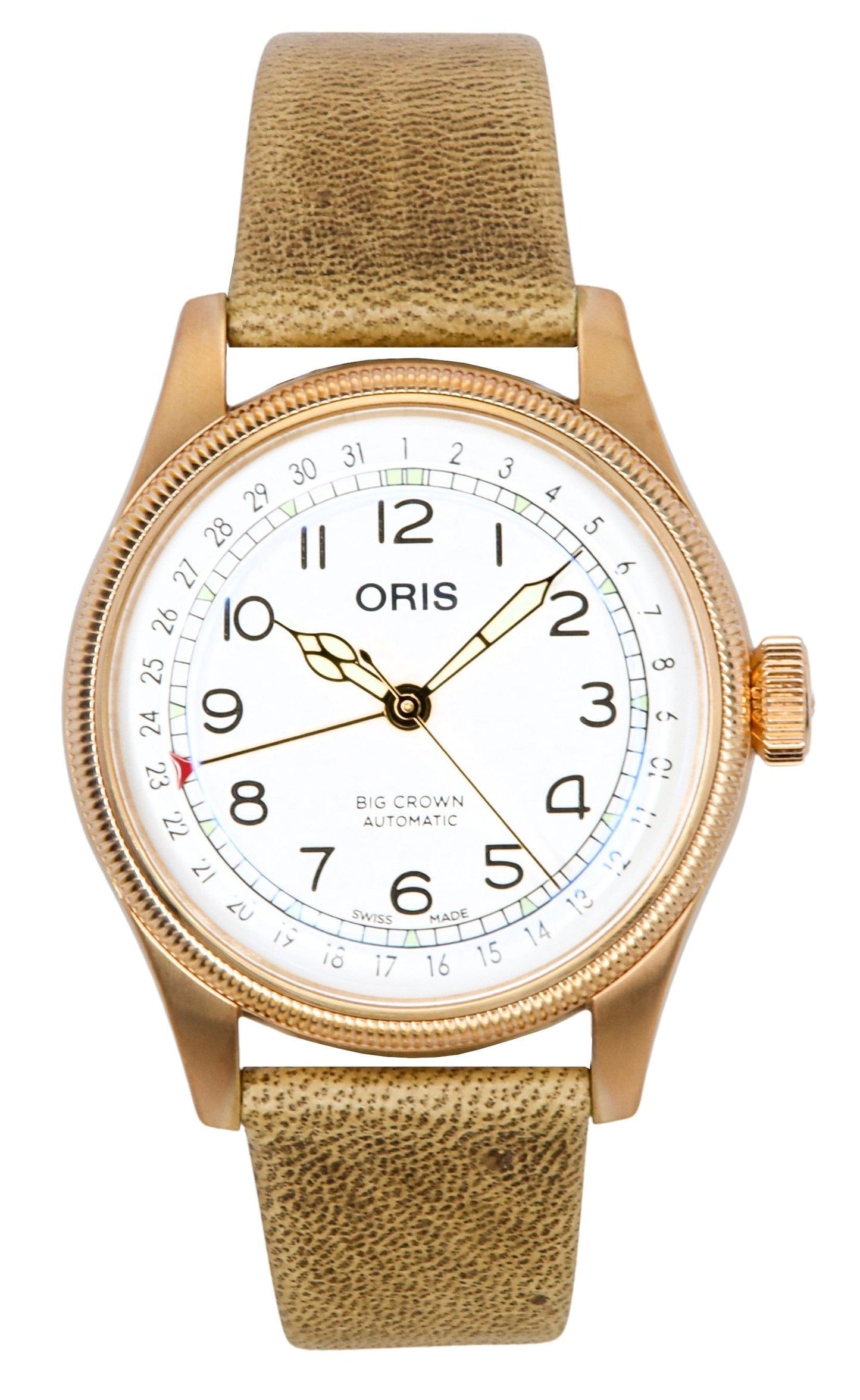 Oris Big Crown Father Time Limited Edition White Dial. A brand-new Oris Big Crown watch featuring a White dial and a Leather strap. Front view.