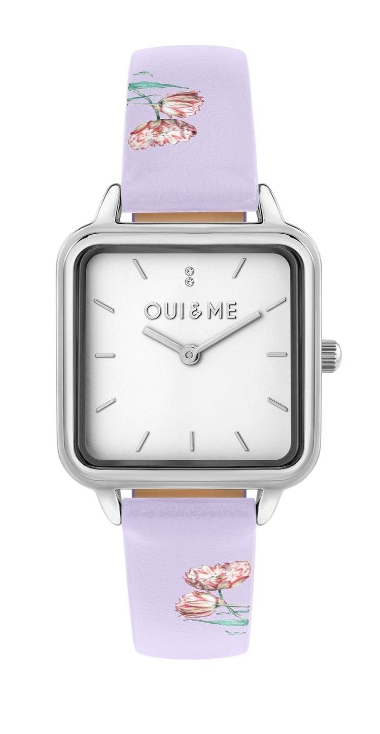 Oui & Me Harmonie Purple Leather Strap White Dial Quartz. A brand-new Oui & Me Harmonie watch featuring a White dial and a Leather strap. Angled view.