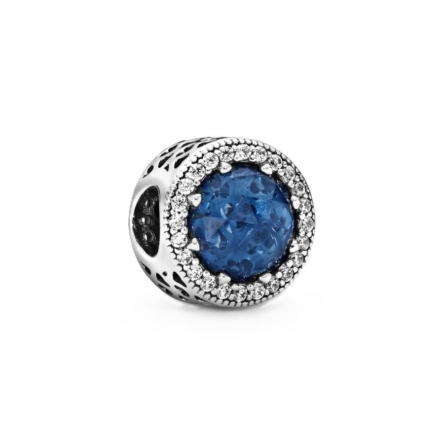 Pandora Radiant Hearts Charm With Blue Crystal And Clear. A brand-new PANDORA watch. Angled view.