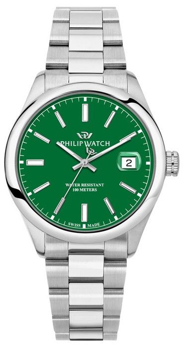 Philip Watch Swiss Made Caribe Urban Stainless Steel Green. A brand-new Philip Watch Caribe watch featuring a Green dial and a Stainless steel strap. Front view.