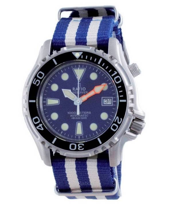 Ratio Free Diver Helium Safe Nylon Automatic Diver's 1000M. A brand-new RATIO watch featuring a Nylon strap. Side view.