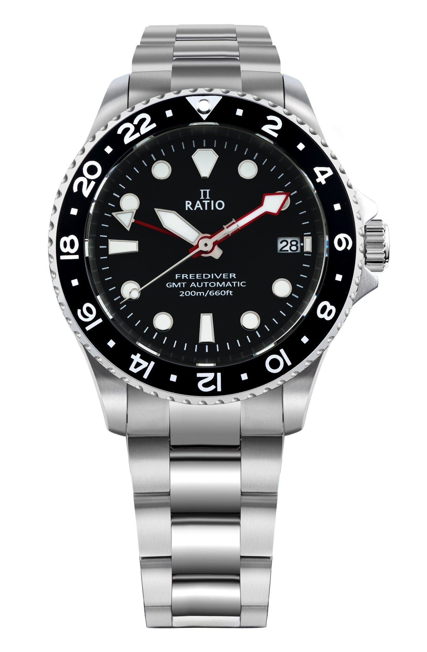 Ratio FreeDiver GMT Series Sapphire Stainless Steel Black. A brand-new RATIO FreeDiver watch featuring a Black dial and a Stainless steel strap. Side view.