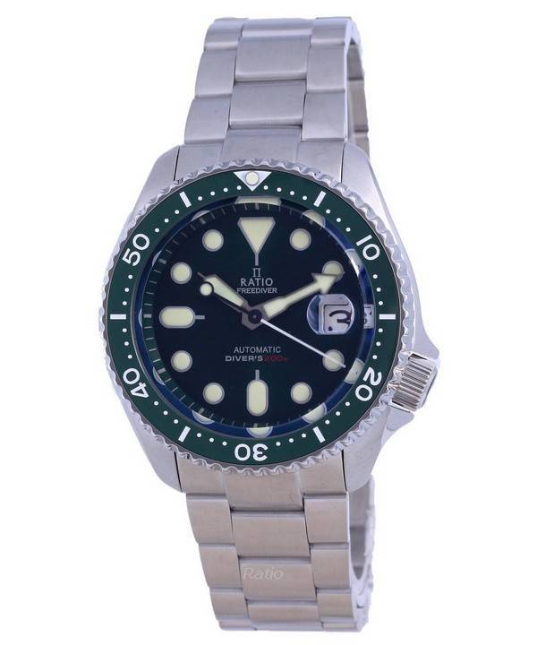 Ratio FreeDiver Green Dial Sapphire Crystal Stainless Steel. A brand-new RATIO FreeDiver watch featuring a Green dial and a Stainless steel strap. Angled view.