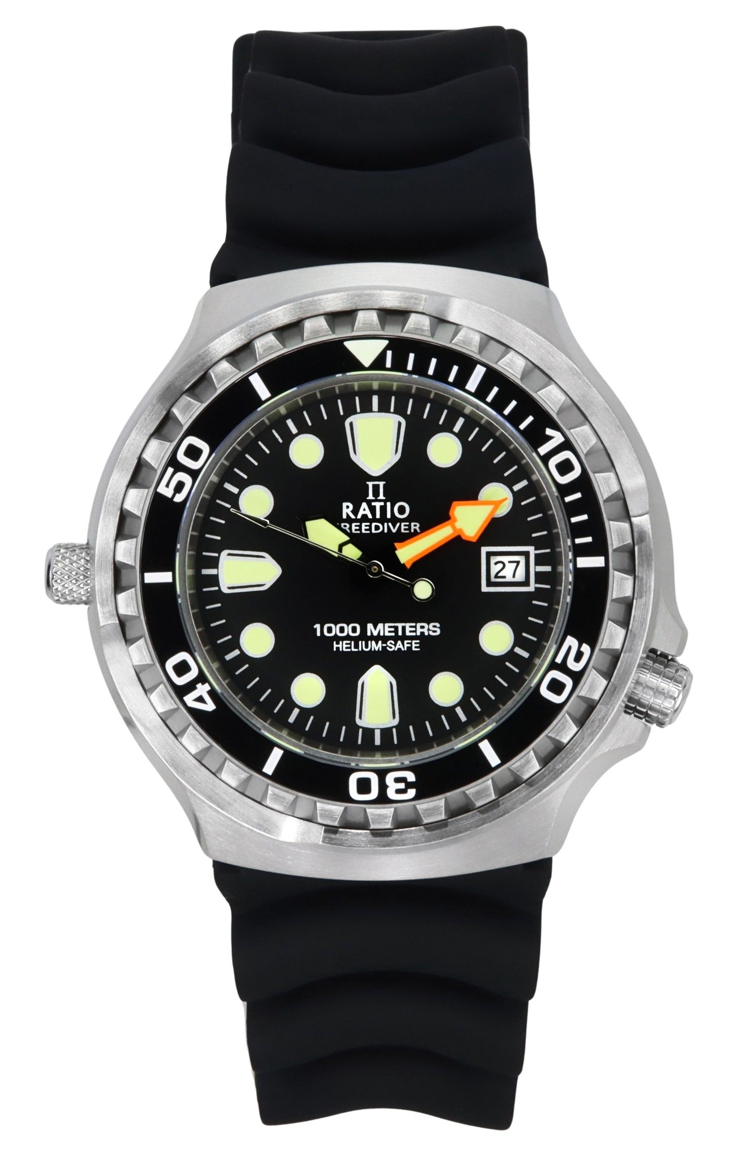 Ratio FreeDiver Version 02 Helium Safe 1000M Sapphire. A brand-new RATIO FreeDiver watch featuring a Black dial. Front view.
