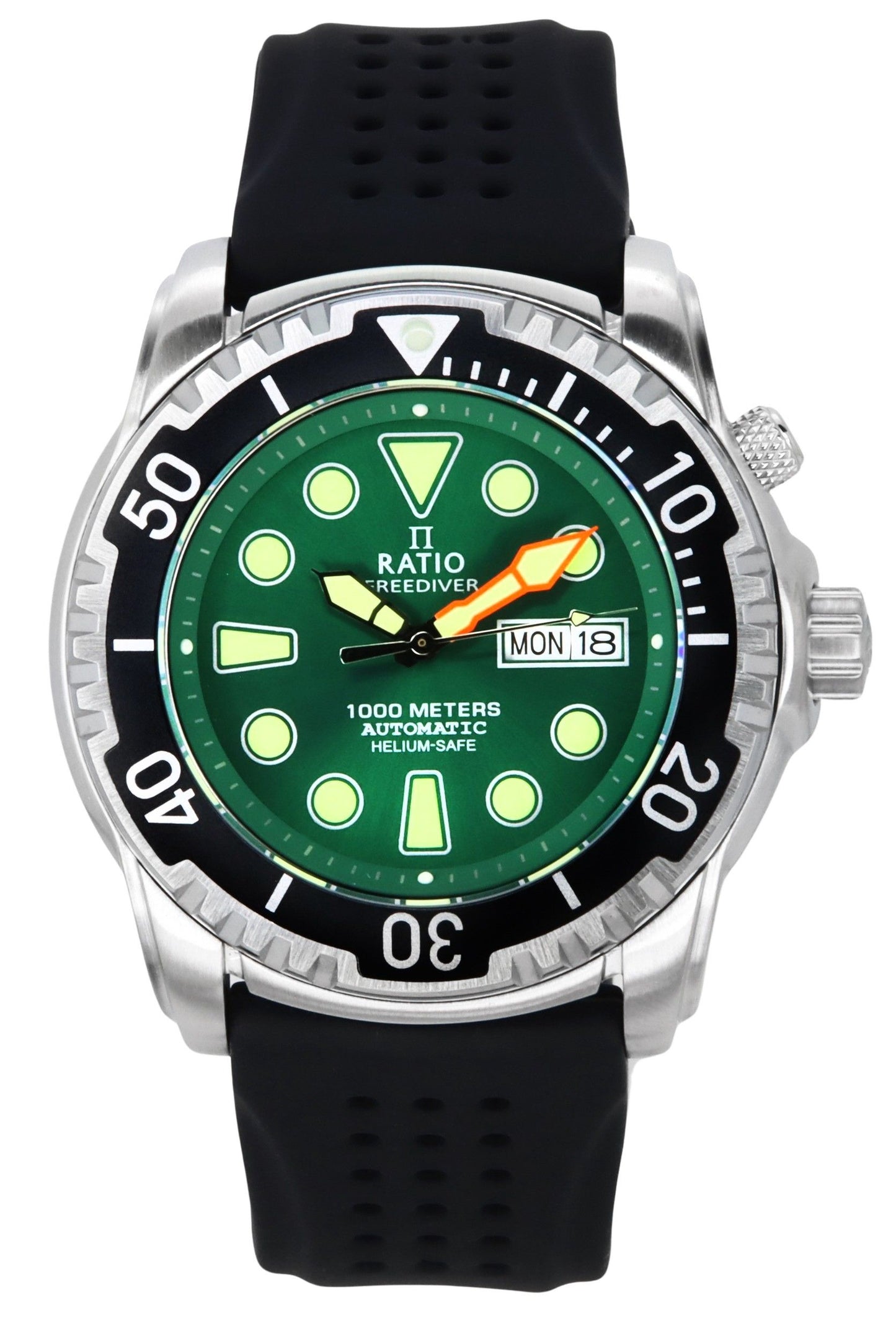 Ratio FreeDiver Version 02 Helium Safe 1000M Sapphire. A brand-new RATIO FreeDiver watch featuring a Green dial. Angled view.