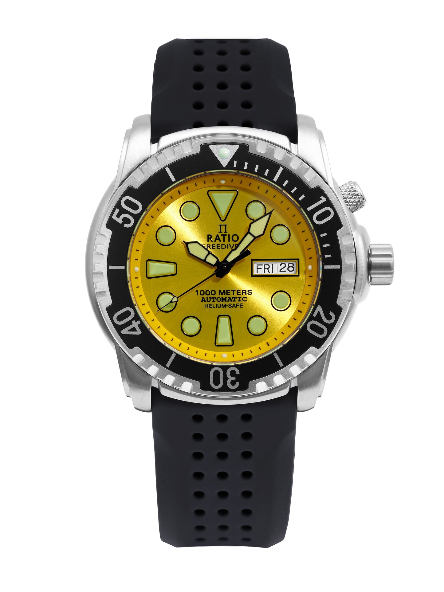 Ratio FreeDiver Version 03 Helium Safe 1000M Automatic. A brand-new RATIO FreeDiver watch featuring a Yellow dial. Angled view.