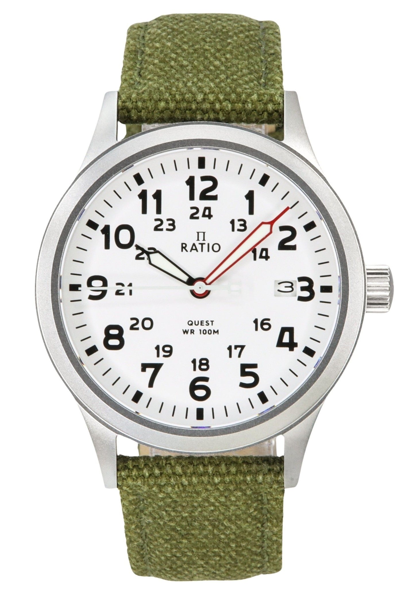 Ratio Quest Men's Field Watch Sapphire Canvas Strap Quartz. A brand-new RATIO Quest watch. Angled view.