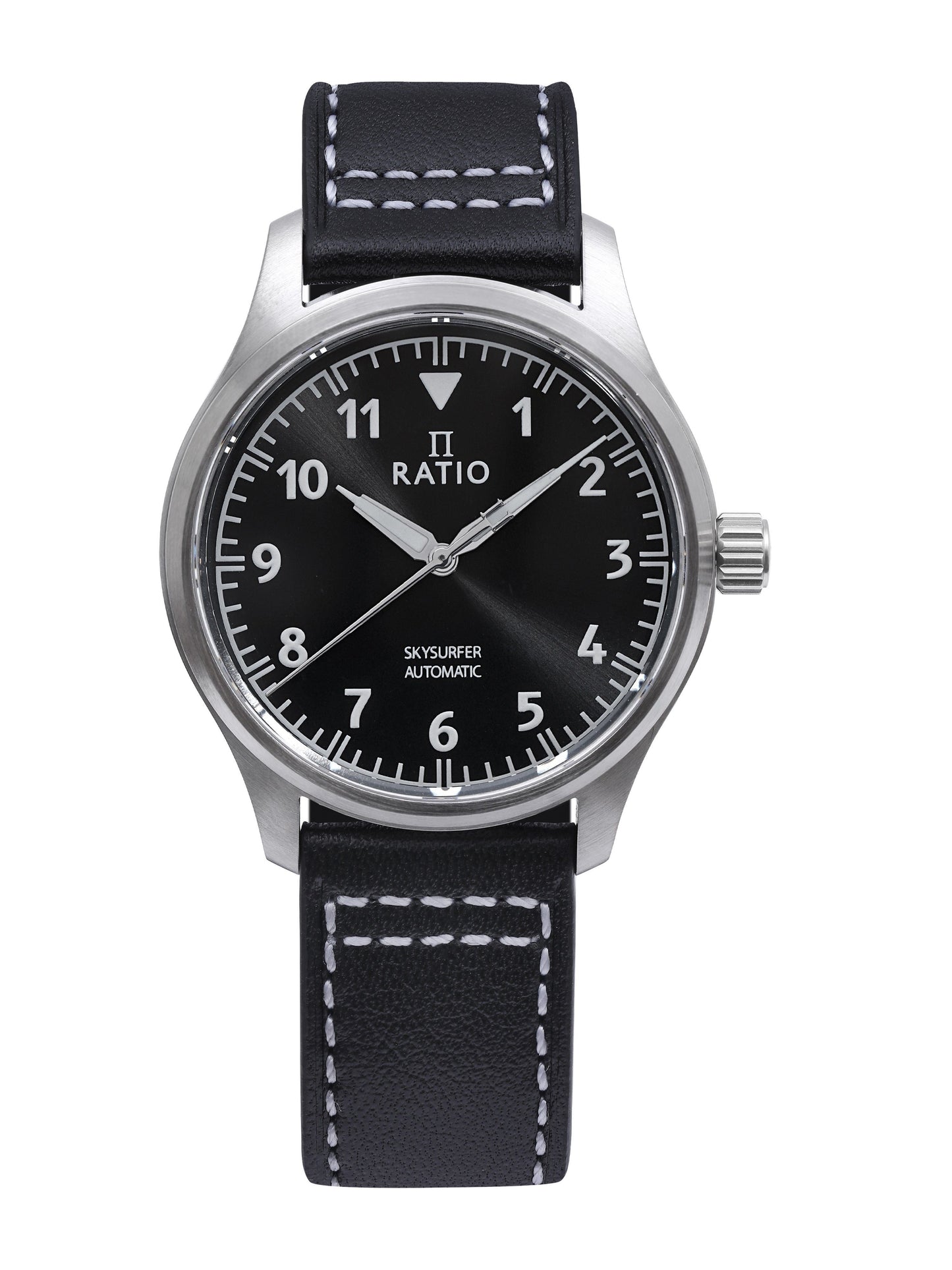 Ratio Skysurfer Pilot Black Sunray Dial Leather Automatic. A brand-new RATIO Skysurfer watch featuring a Leather strap. Side view.