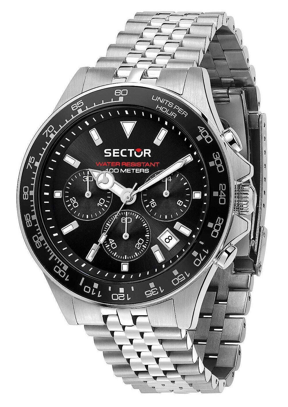 Sector 230 Chronograph Stainless Steel Black Dial Quartz. A brand-new Sector 230 watch featuring a Black dial and a Stainless steel strap. Front view.