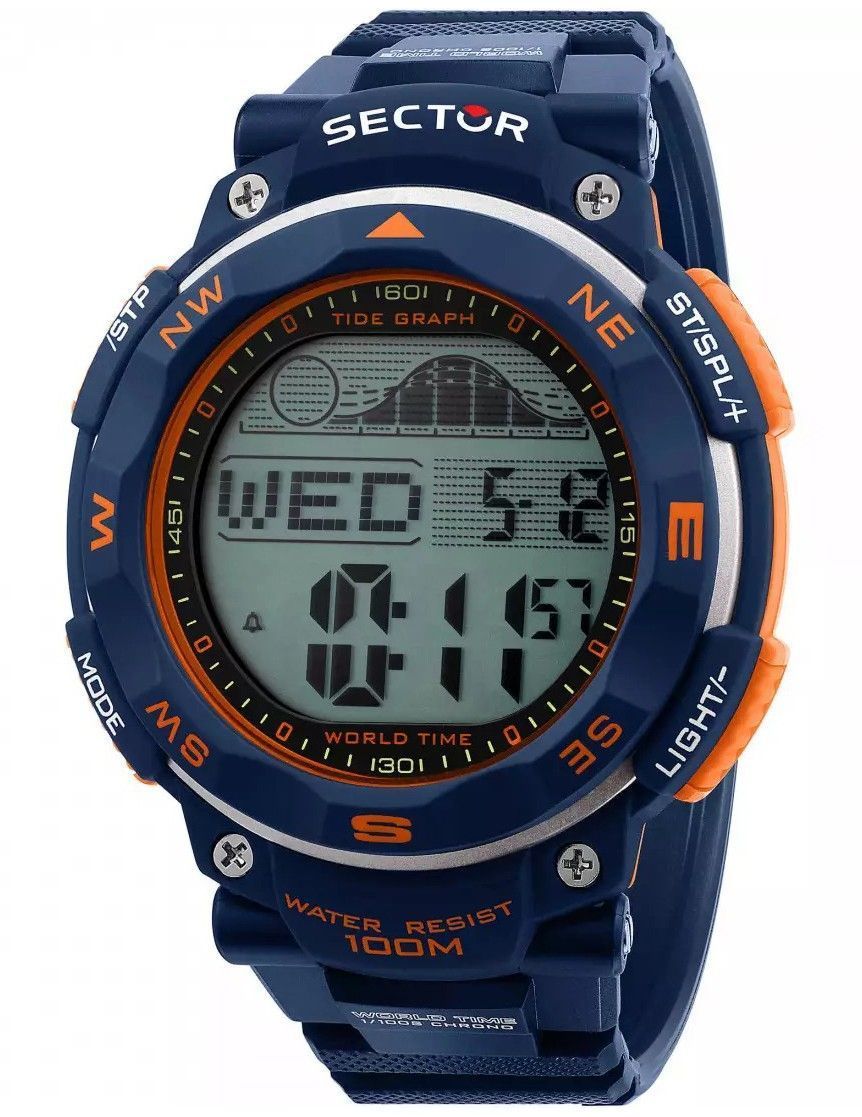 Sector EX-35 Digital Black Dial Quartz R3251534001 100M. A brand-new Sector EX-35 watch featuring a Black dial and a Polyurethane (PU) strap. Side view.