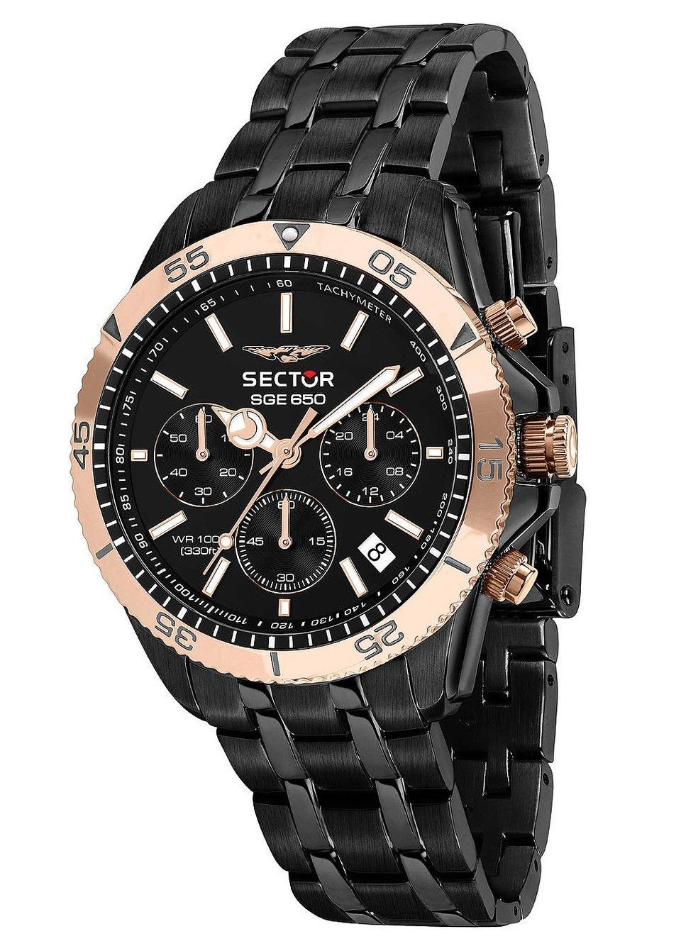 Sector SGE 650 Chronograph Stainless Steel Black Dial. A brand-new Sector SGE 650 watch featuring a Black dial and a Stainless steel strap. Angled view.