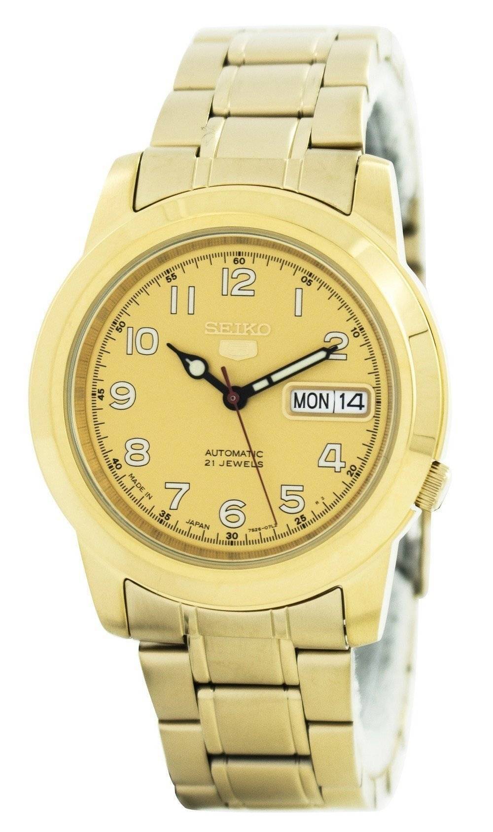 Seiko 5 Automatic 21 Jewels Japan Made SNKK38 SNKK38J. A brand-new Seiko watch featuring a Stainless steel strap. Angled view.