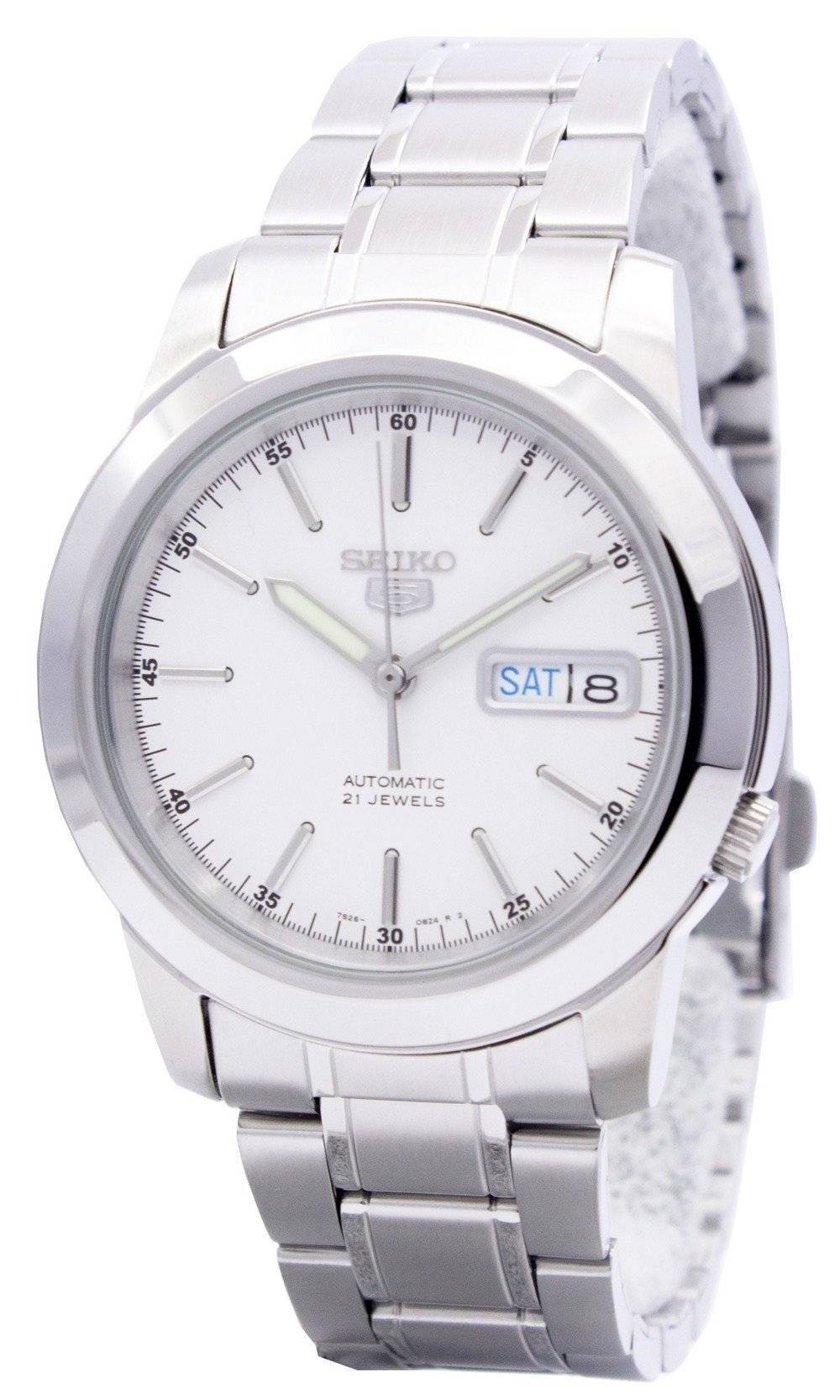 Seiko 5 Automatic 21 Jewels SNKE49 SNKE49K Water Resistant. A brand-new Seiko watch featuring a Stainless steel strap. Side view.