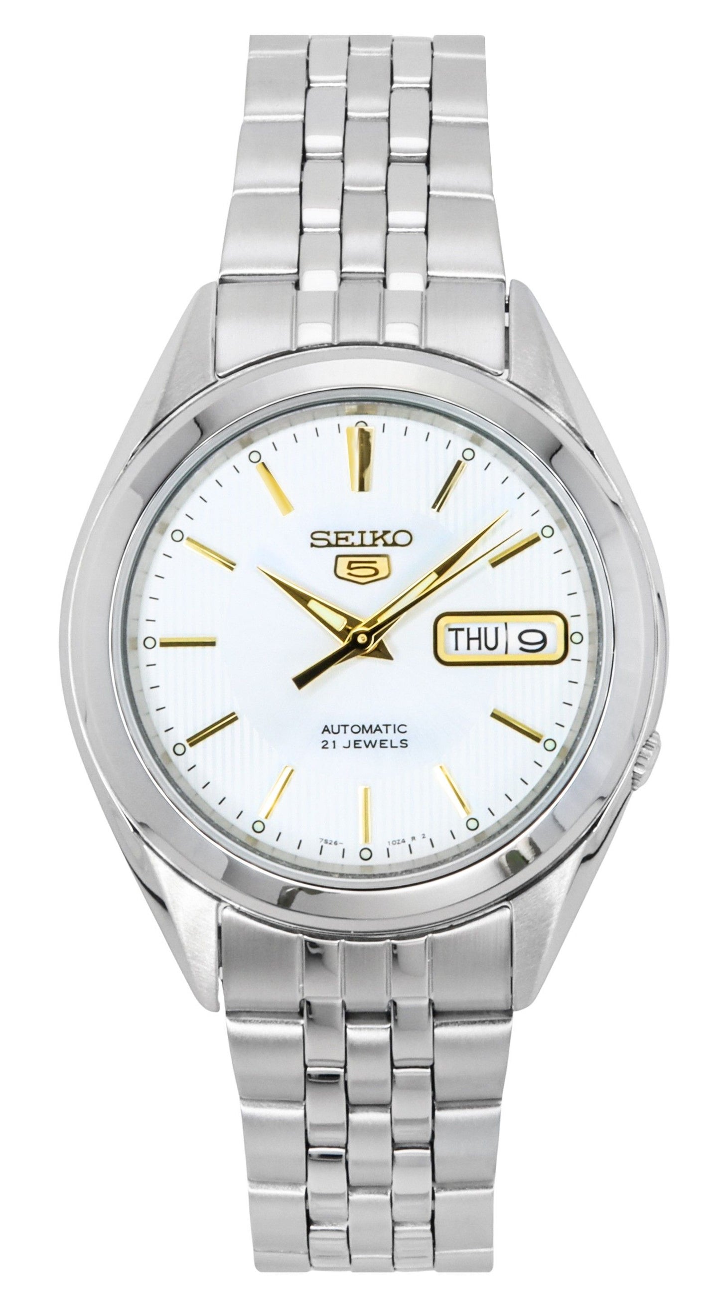 Seiko 5 Automatic 21 Jewels SNKL17K SNKL17 Water Resistant. A brand-new Seiko watch featuring a Stainless steel strap. Front view.