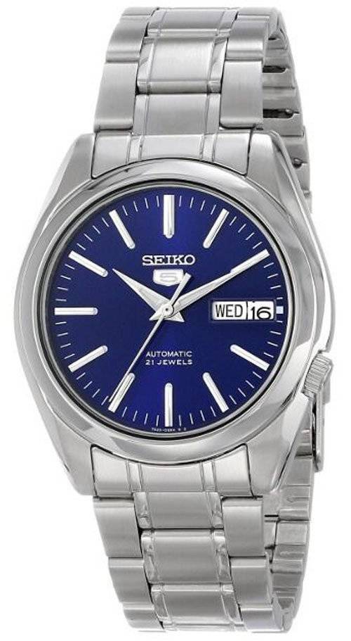Seiko 5 Automatic 21 Jewels SNKL43K Stainless Steel. A brand-new Seiko watch featuring a Stainless steel strap. Side view.